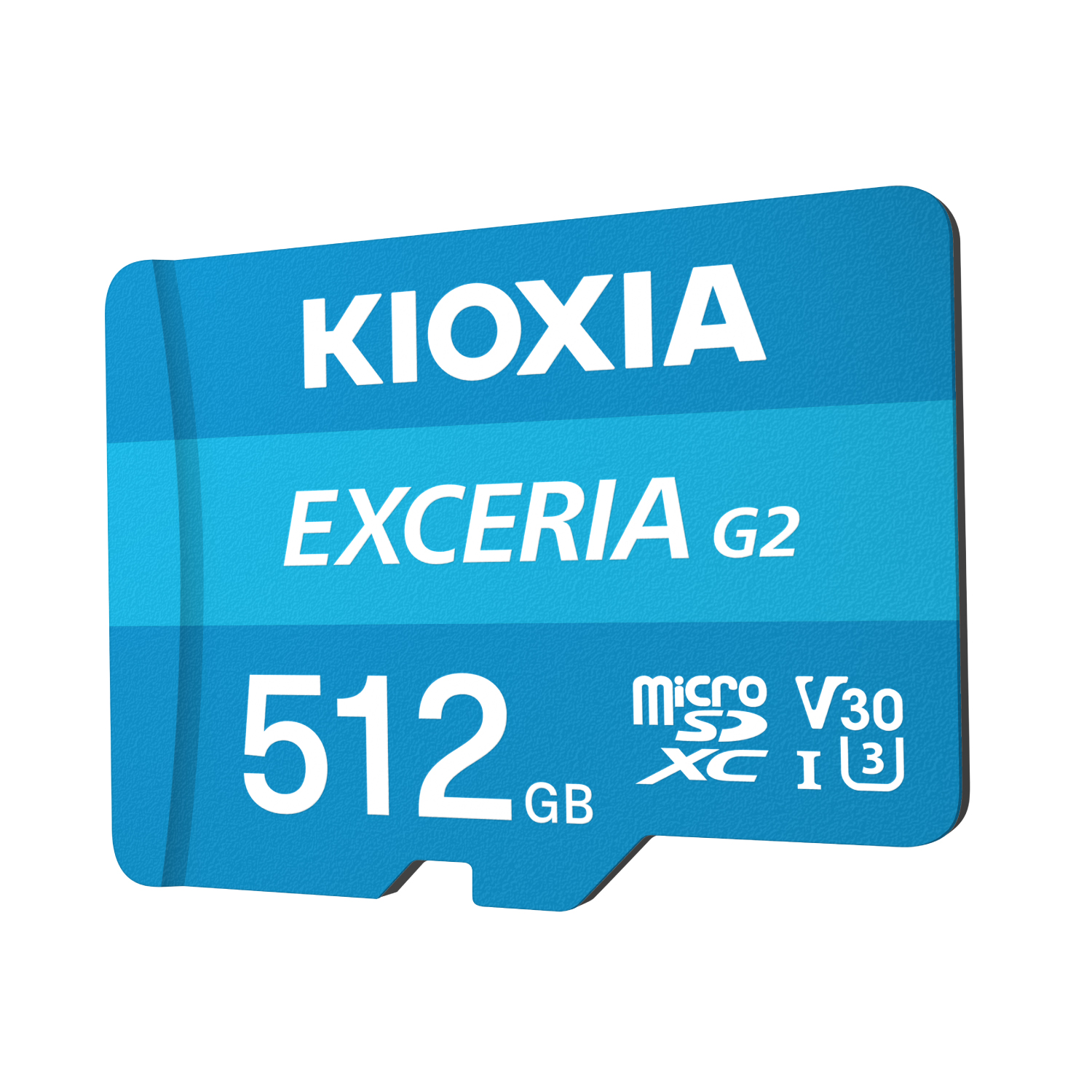 Mavi bir Kioxia Exceria G2 Micro SD kartı. Kartın üzerinde yazılar var.