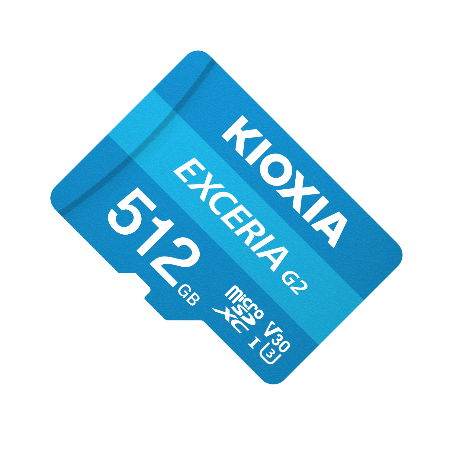 Mavi KIOXIA 512GB Micro SD kart. Metin, kart üzerinde EXCERIA G2, V30 ve XC I[3] içerir. Beyaz zemin.