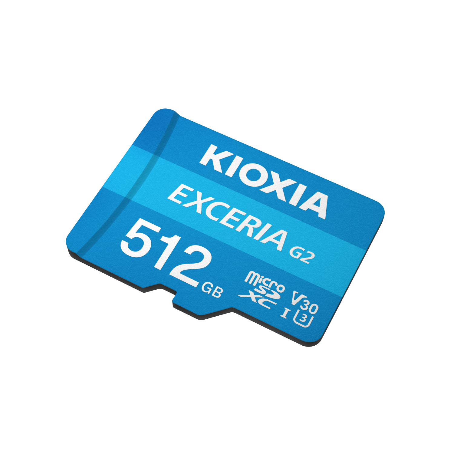 Mavi KIOXIA 512GB Micro SD kart. Metin, kart üzerinde EXCERIA G2, V30 ve XC I[3] içerir. Beyaz zemin.