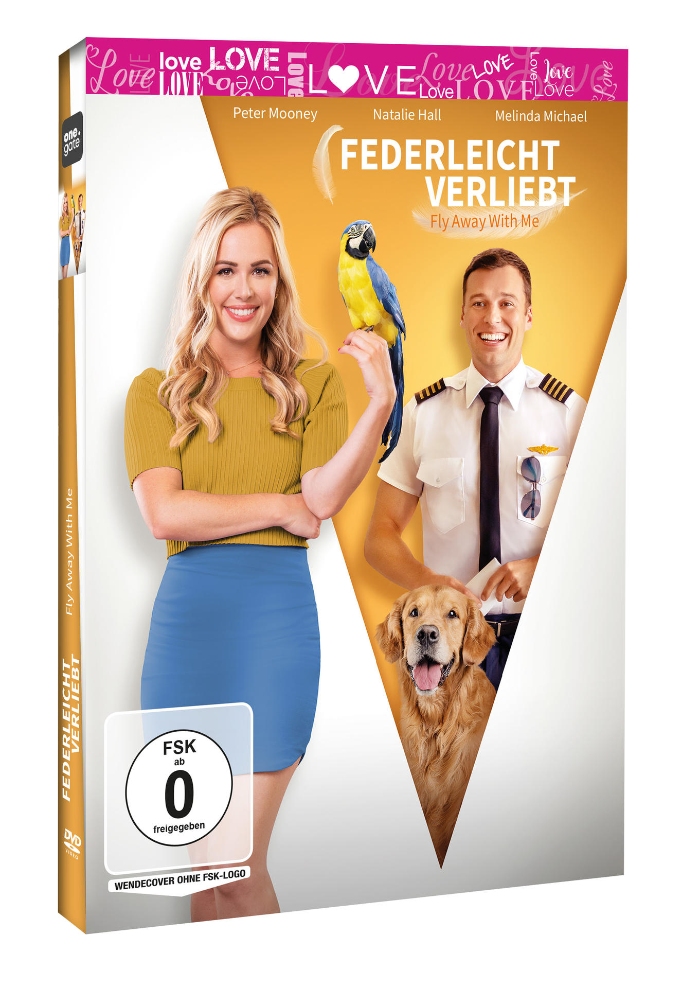 DVD-Cover: Eine Frau und ein Pilot stehen zusammen mit einem Papagei und einem Hund. Text: Federleicht Verliebt.