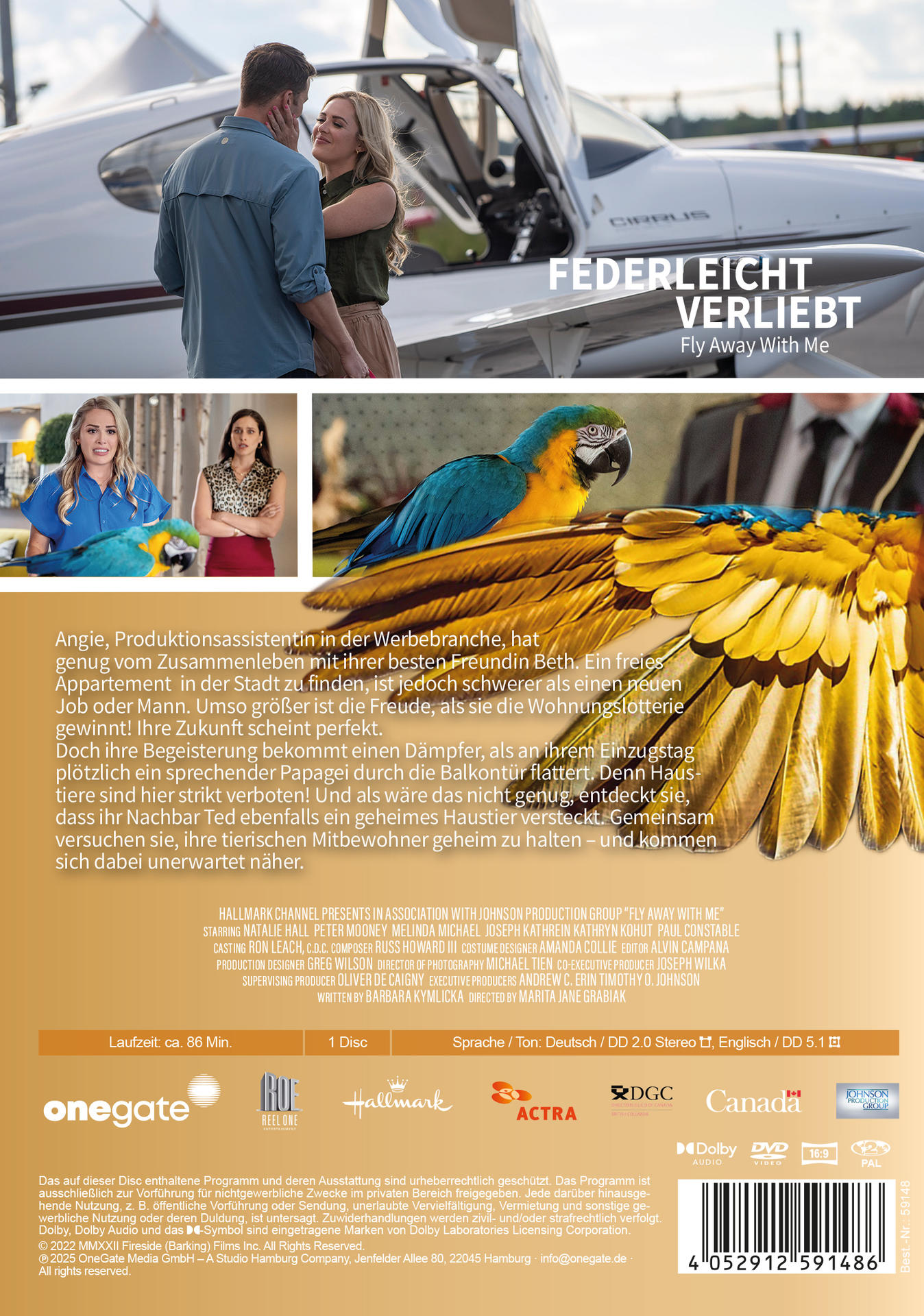 DVD-Rückseite: Text und Bilder eines Films. Zwei Frauen mit einem Papagei, ein Pilot mit einem Hund und ein Flugzeug.
