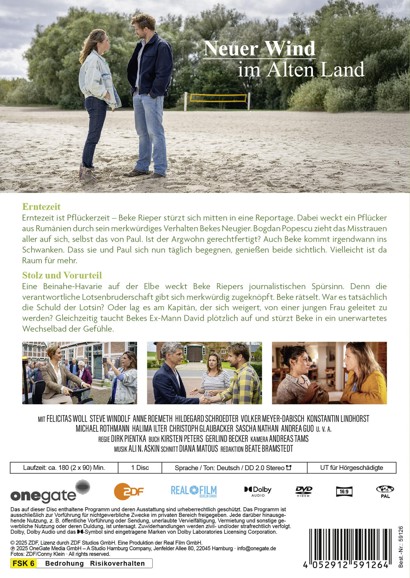 DVD-Rückseite: Zwei Personen stehen an einem Strand. Text: Neuer Wind im Alten Land.