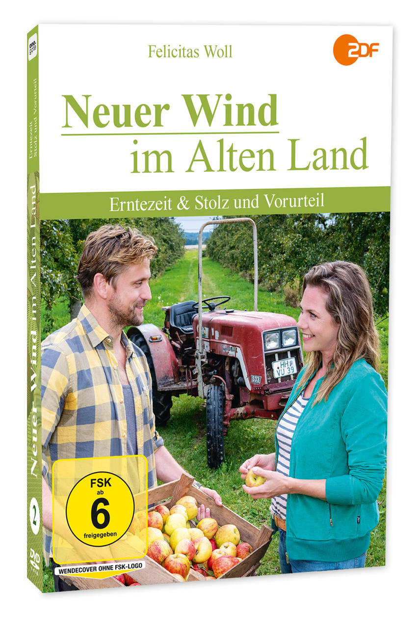 DVD-Cover: Paar auf einem Feld mit Traktor. Titel: 'Neuer Wind im Alten Land'. Äpfel in einer Kiste.