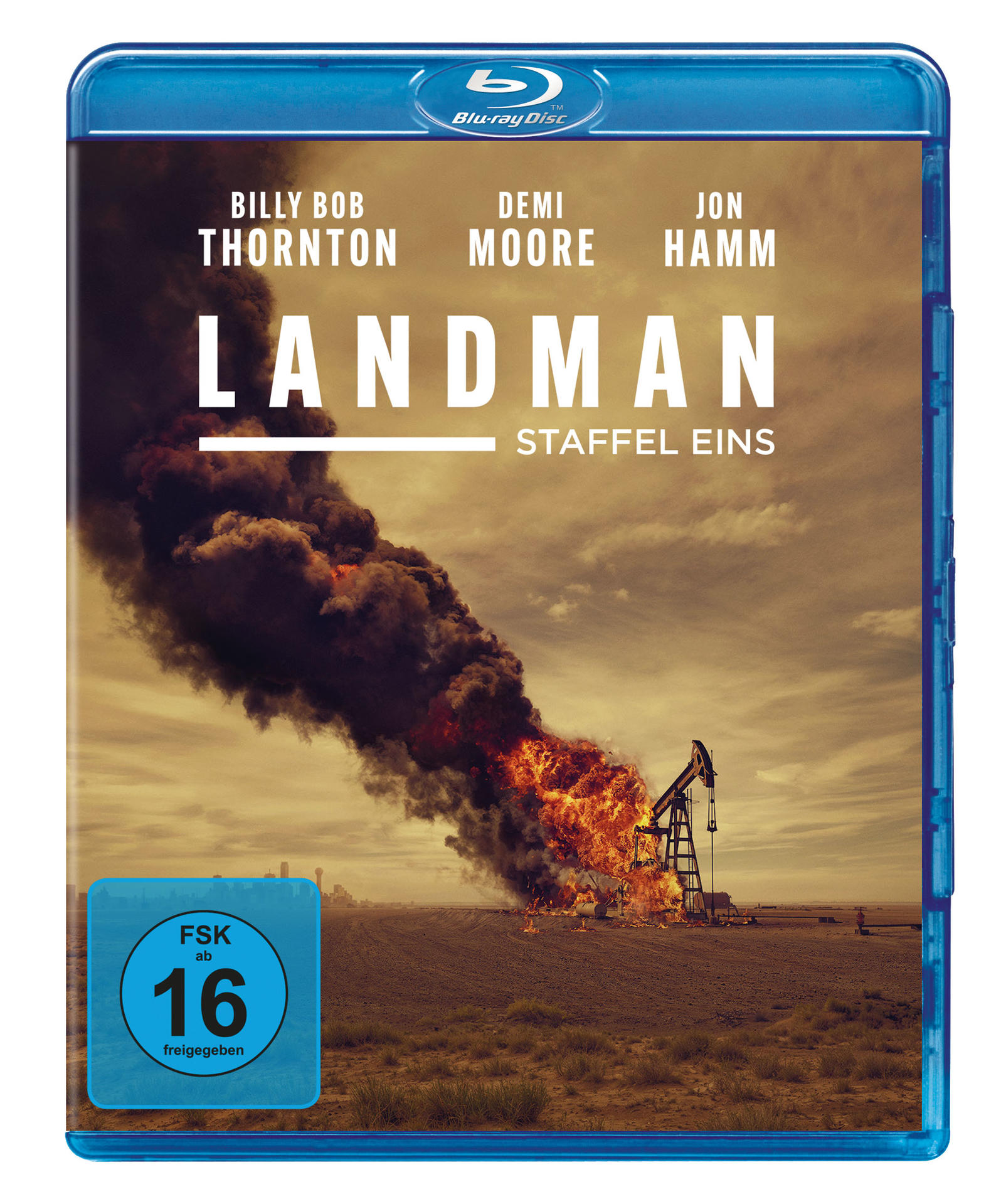 Blu-ray-Cover von 'Landman Staffel Eins' mit Billy Bob Thornton, Demi Moore und Jon Hamm. Ölquellenbrand.