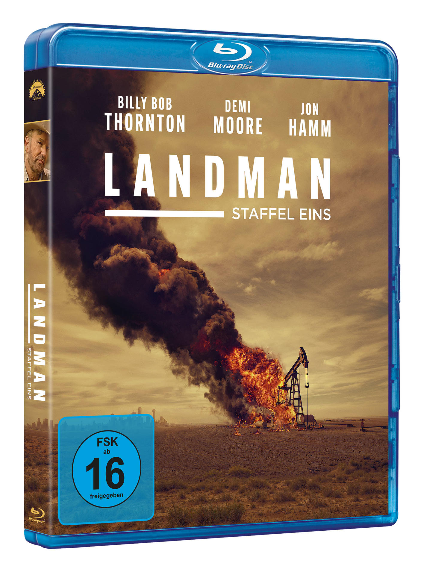 Blu-ray-Cover von 'Landman Staffel Eins' mit Billy Bob Thornton, Demi Moore und Jon Hamm. Ölquellenbrand.