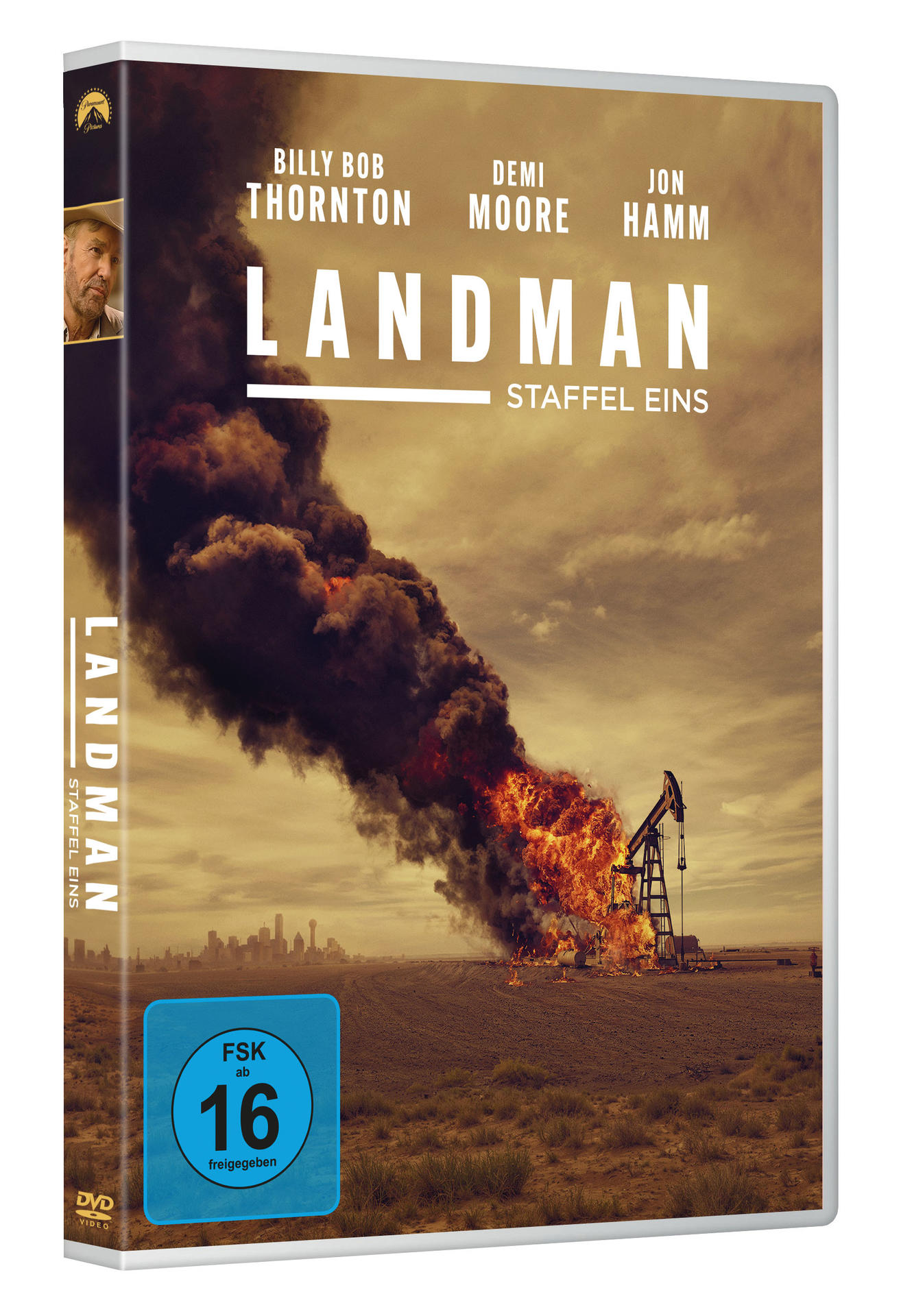 DVD-Hülle mit dem Titel 'LANDMAN' über einem brennenden Ölfeld mit Schauspielernamen und Bewertung.
