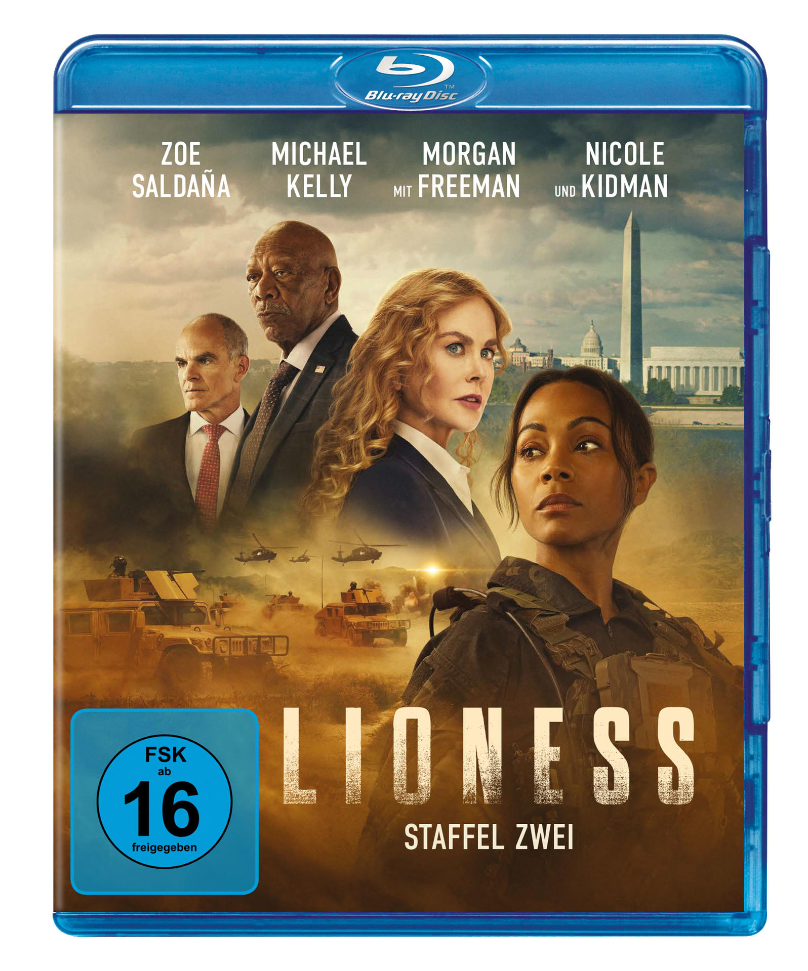 Blu-ray-Cover: Zoe Saldana, Michael Kelly, Morgan Freeman und Nicole Kidman. Text: Lioness, Staffel Zwei.