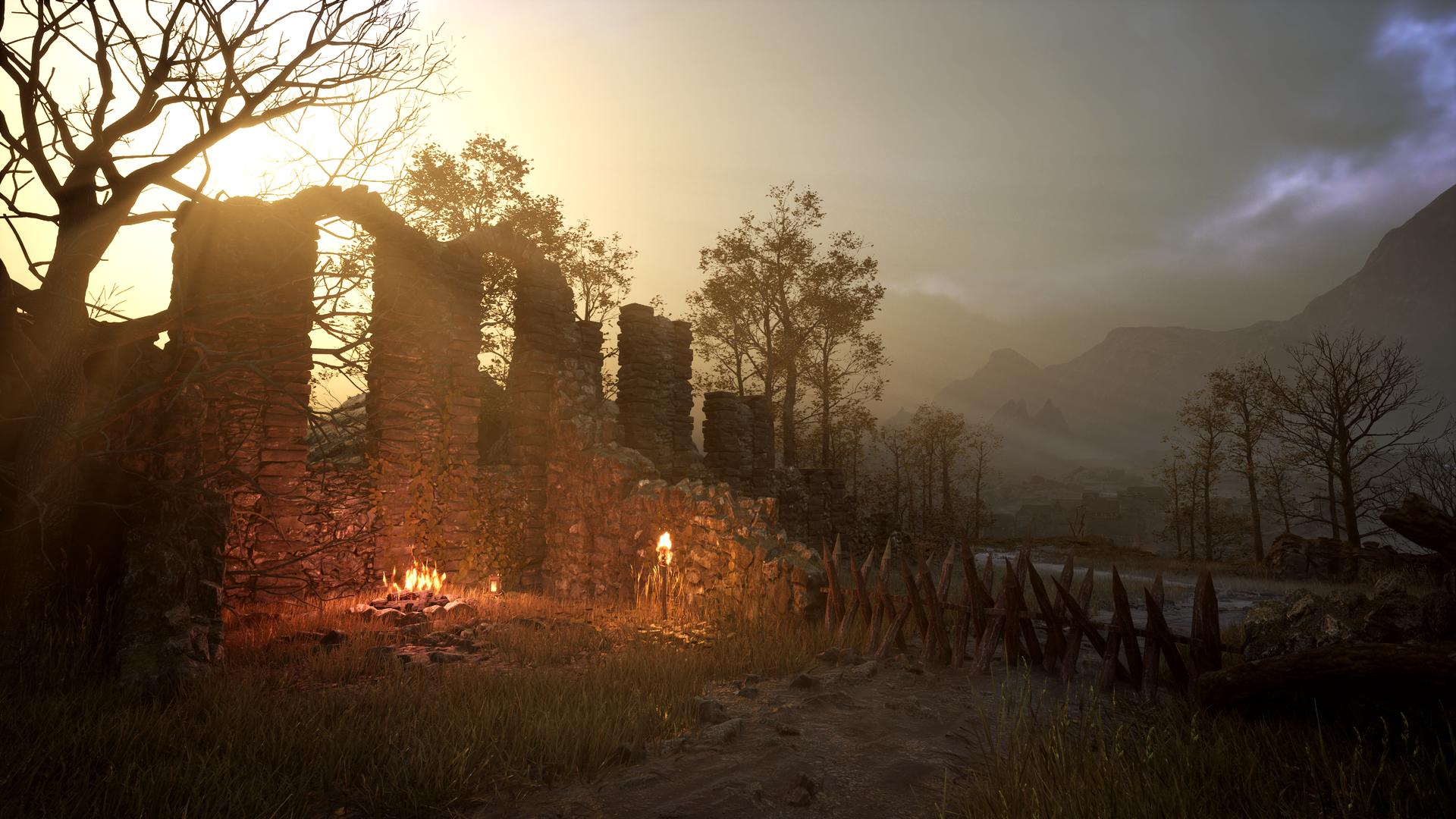 Zerstörte Steinstruktur mit Sonnenuntergang im Hintergrund, Feuer und Zaun im Vordergrund.