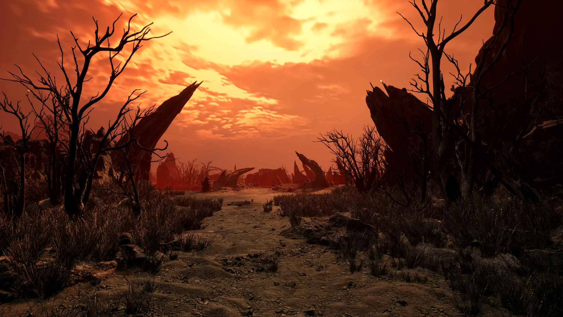 Karge Landschaft unter orangefarbenem Himmel, mit trockenen Pflanzen und Felsformationen.