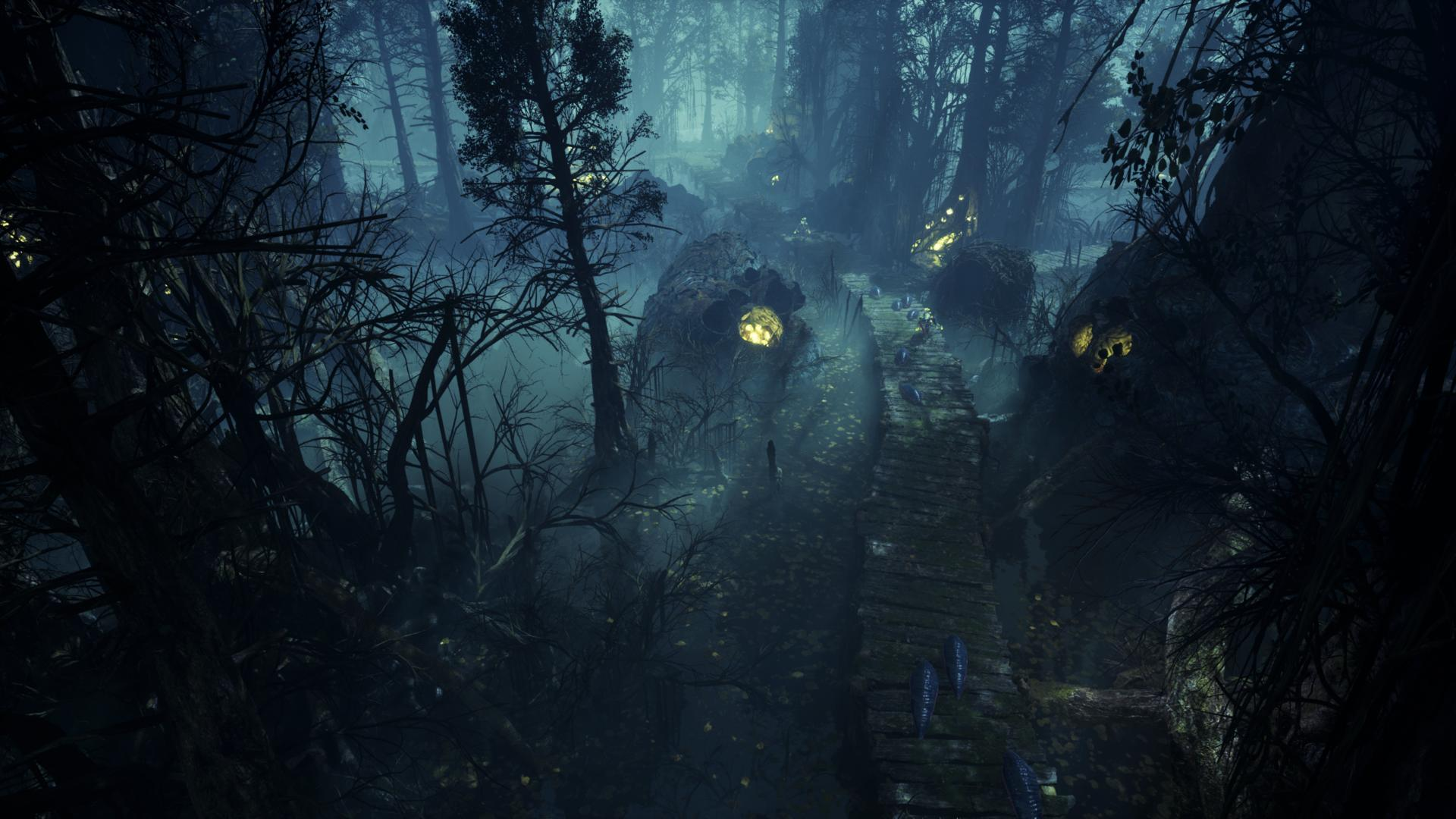 Ein Pfad durch einen dunklen Wald mit Steinstrukturen und leuchtenden, unheimlichen Lichtern.