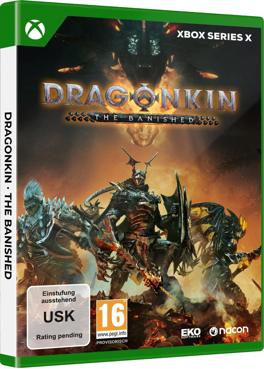 Xbox Series X-Spielhülle für Dragonkin. Zeigt drei gepanzerte Figuren und einen Drachen vor feurigem Hintergrund.