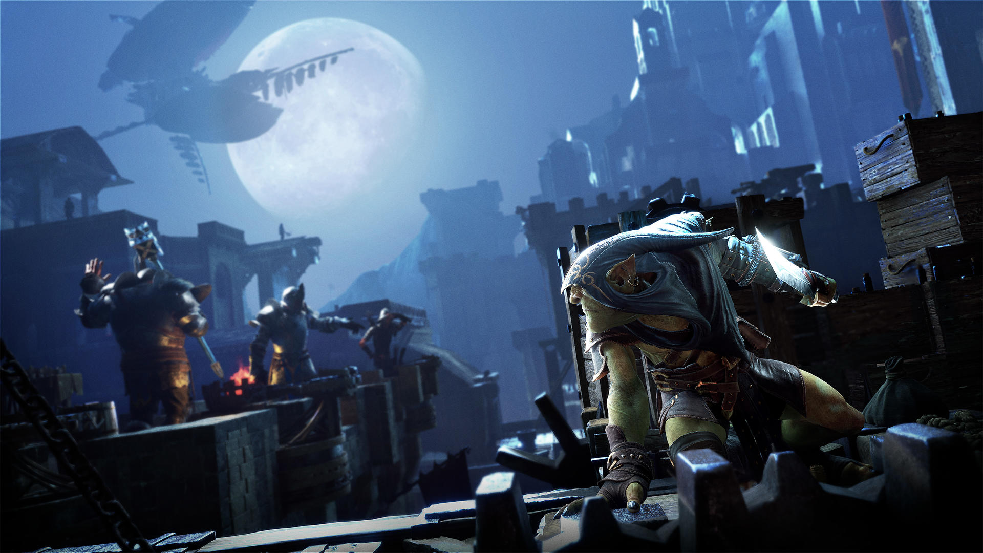 Eine Spielszene mit Goblins, einem Mond und einer Burg im Hintergrund.