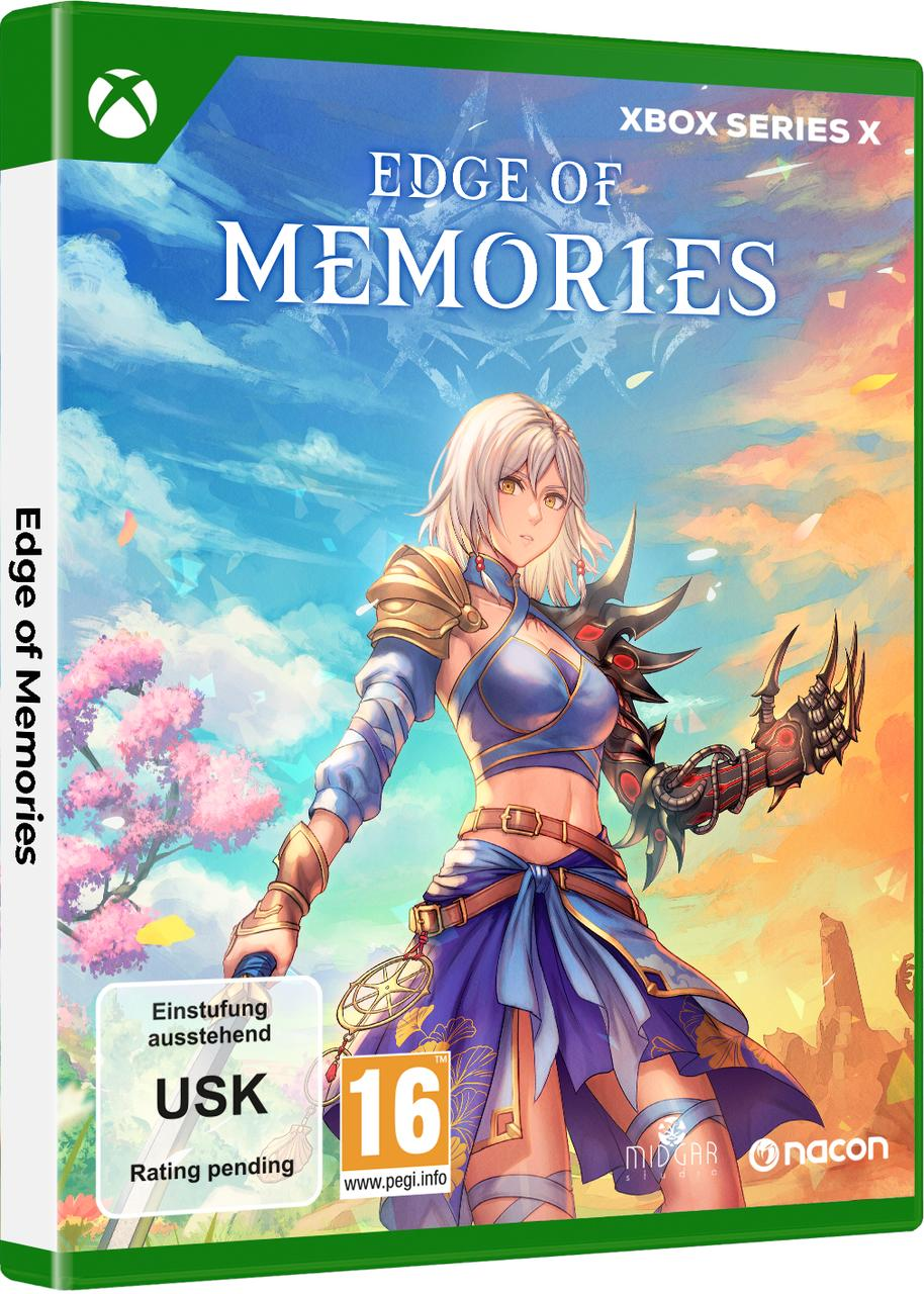 Xbox Series X-Spielcover: Edge of Memories, eine Frau im Anime-Stil steht vor einer Landschaft.