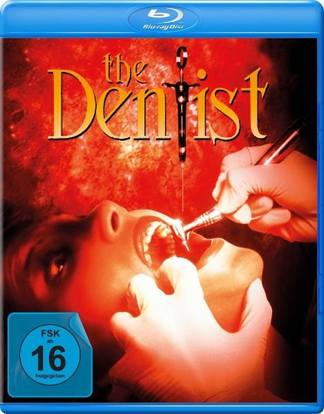 Filmposter: Offener Mund, Zahnarztwerkzeuge in Gebrauch. Titel: The Dentist. Roter Hintergrund. Blu-ray Disc.
