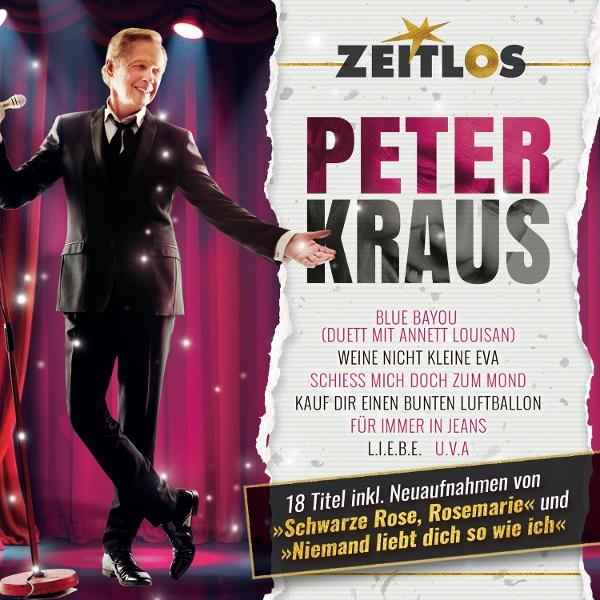 Peter Kraus auf Albumcover, trägt einen schwarzen Anzug und hält ein Mikrofon. Der Titel ist "Zeitlos".