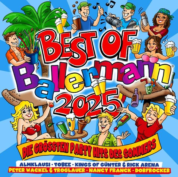 Albumcover: 'Best of Ballermann 2025' mit Comicfiguren und Bier.
