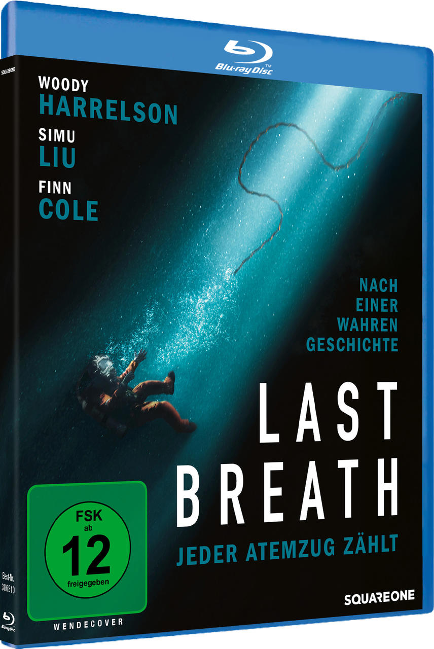 Blu-ray-Cover mit Woody Harrelson. Titel: Last Breath, ein Taucher im Wasser.