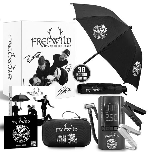 Sammlung von Frei.Wild-Merchandise, darunter eine Box-Set, Regenschirm, Etui und andere Artikel, alle in Schwarzweiß.
