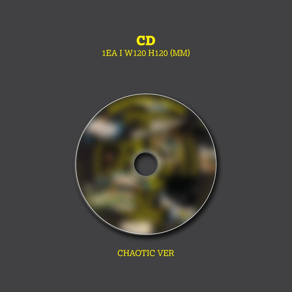 Eine CD mit verschwommenem Bild liegt auf grauem Hintergrund. Gelber Text: CD, 1EA I W120 H120 (MM) und CHAOTIC VER.