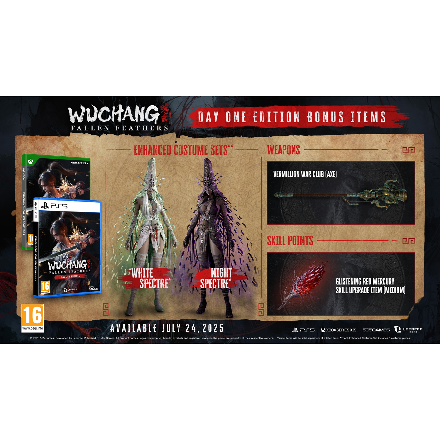 Gamecover, twee karakterconcepten, wapens en een vaardigheidsitem. De game is Wuchang: Fallen Feathers, beschikbaar op 24 juli 2025.