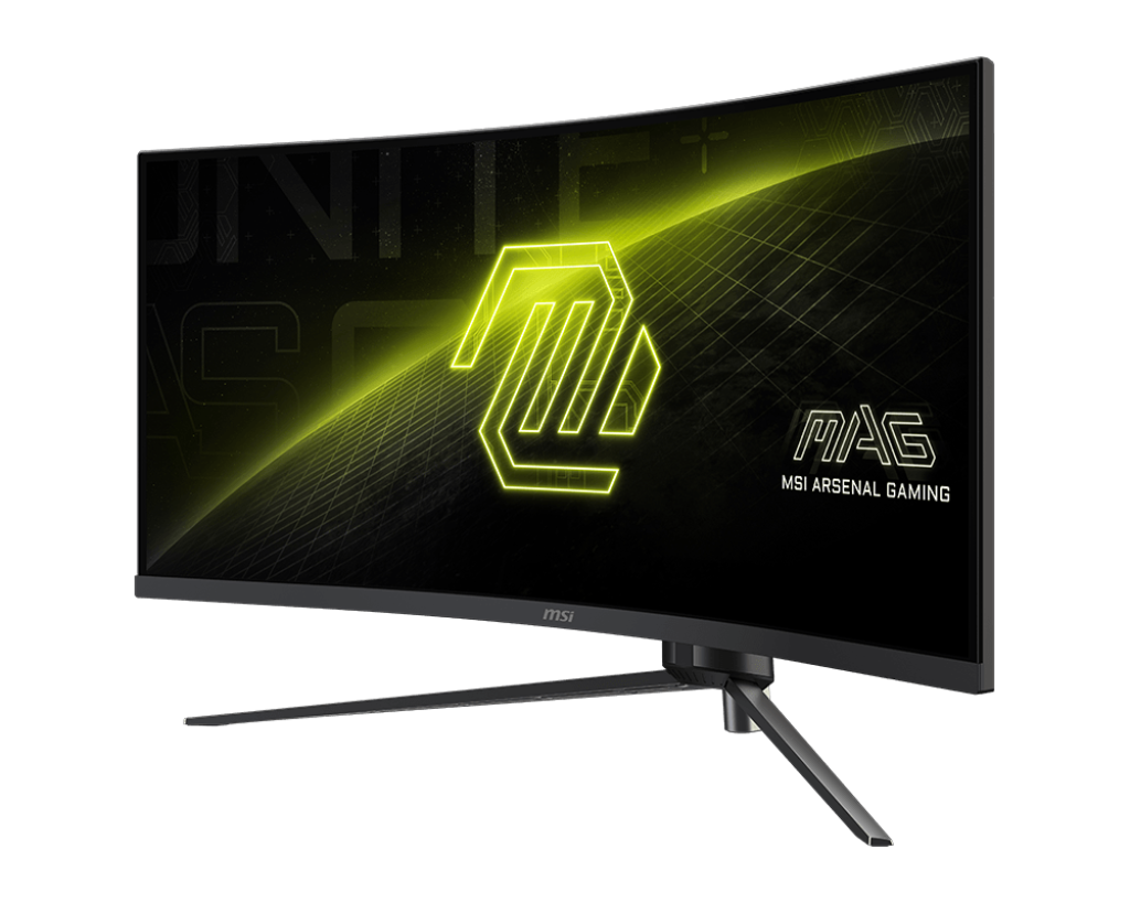 Kavisli MSI monitör, siyah çerçeve, ekranda sarı logo, siyah arka plan. Ekranda MAG MSI ARSENAL GAMING yazılı.