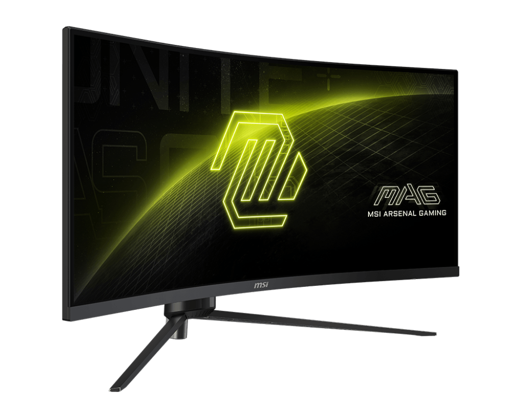 Kavisli MSI monitör, siyah çerçeve, ekranda sarı logo, siyah arka plan. Ekranda MSI ARSENAL GAMING.