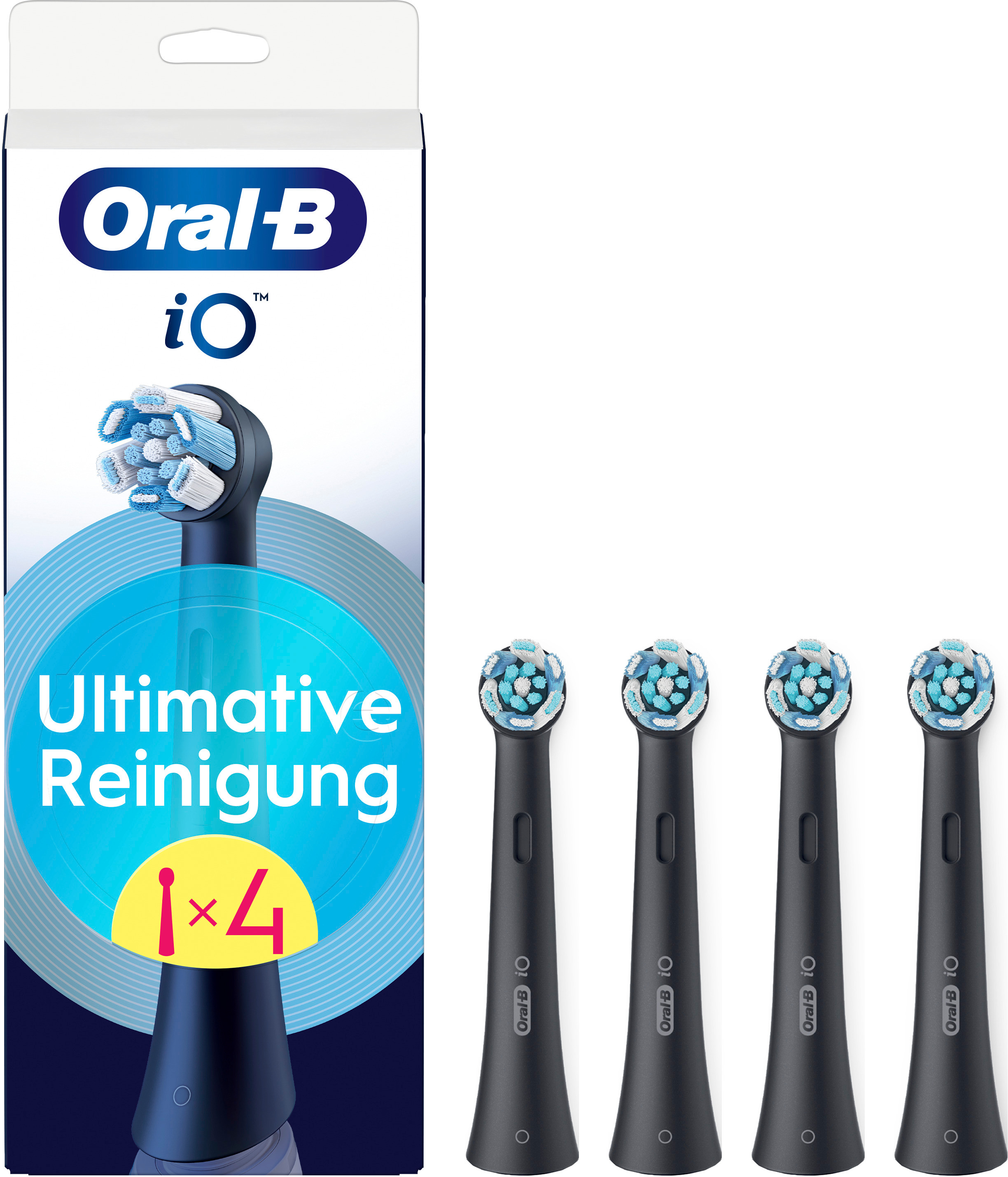 Emballage des têtes de brosse à dents Oral-B iO Ultimate Cleaning et quatre têtes en vrac. Fond blanc.