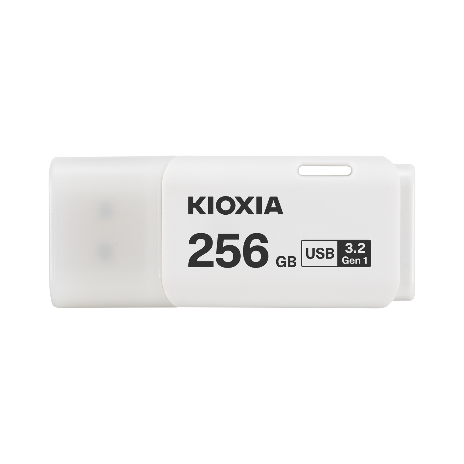Beyaz arka planda beyaz KIOXIA 256GB USB 3.2 Gen 1 flash sürücü. Sürücü, markalama ile etiketlenmiştir.