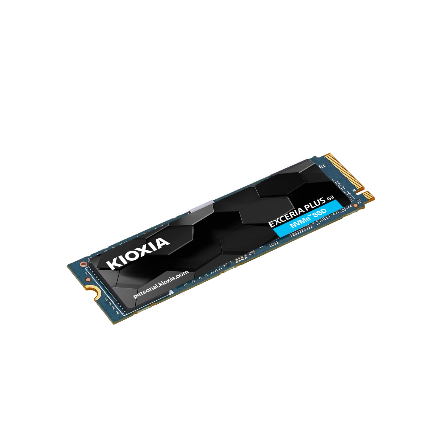 Beyaz zemin üzerinde KIOXIA Exceria Plus G3 NVMe SSD. KIOXIA markası taşıyan siyah ve mavi bir devre kartı.