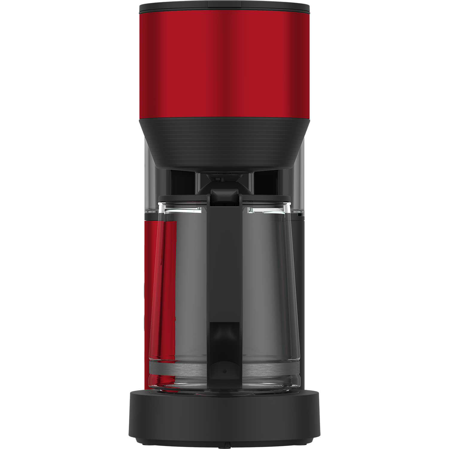 Eine rot-schwarze Grundig Kaffeemaschine, Nahaufnahme.