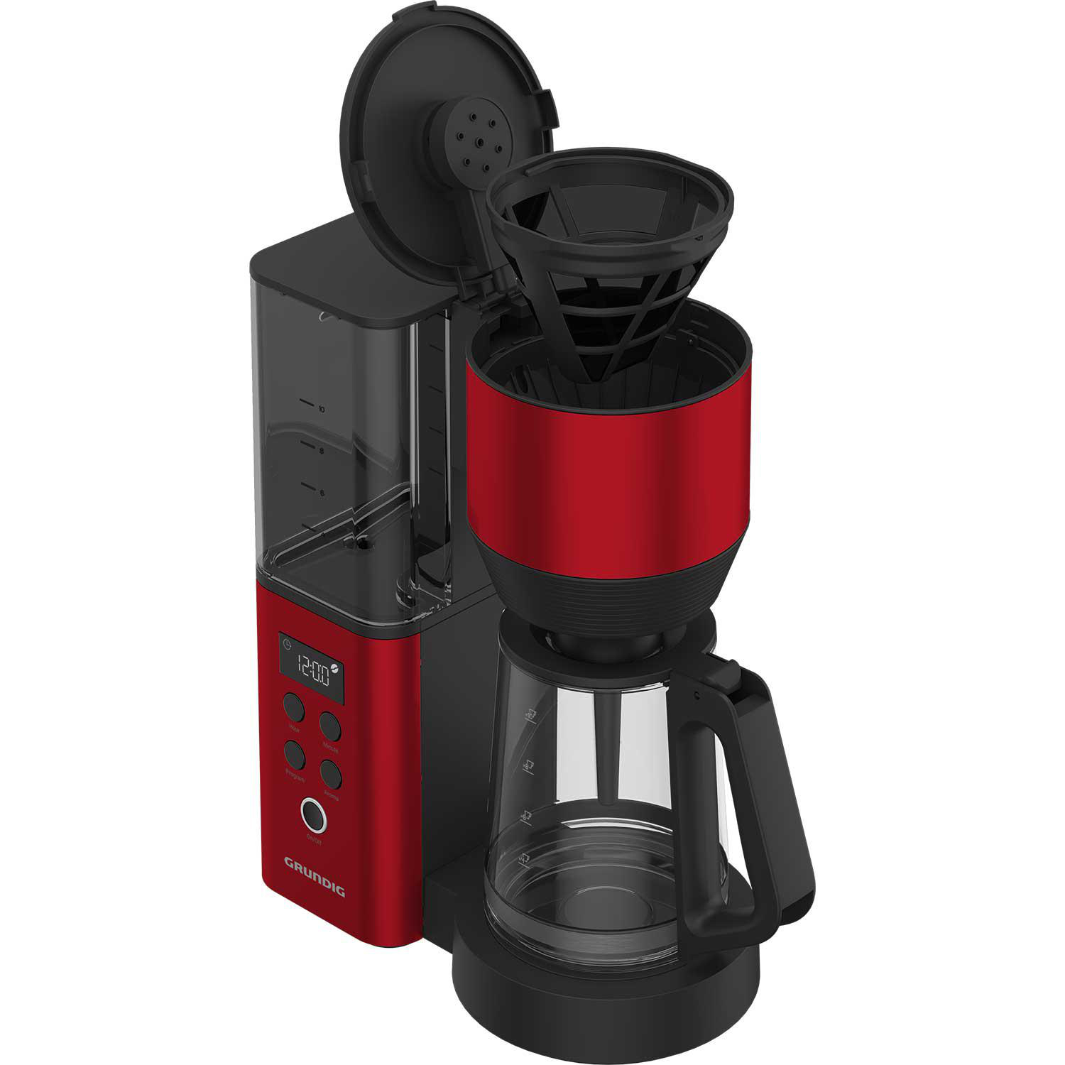 Eine rot-schwarze Grundig Kaffeemaschine, mit geöffnetem Deckel.