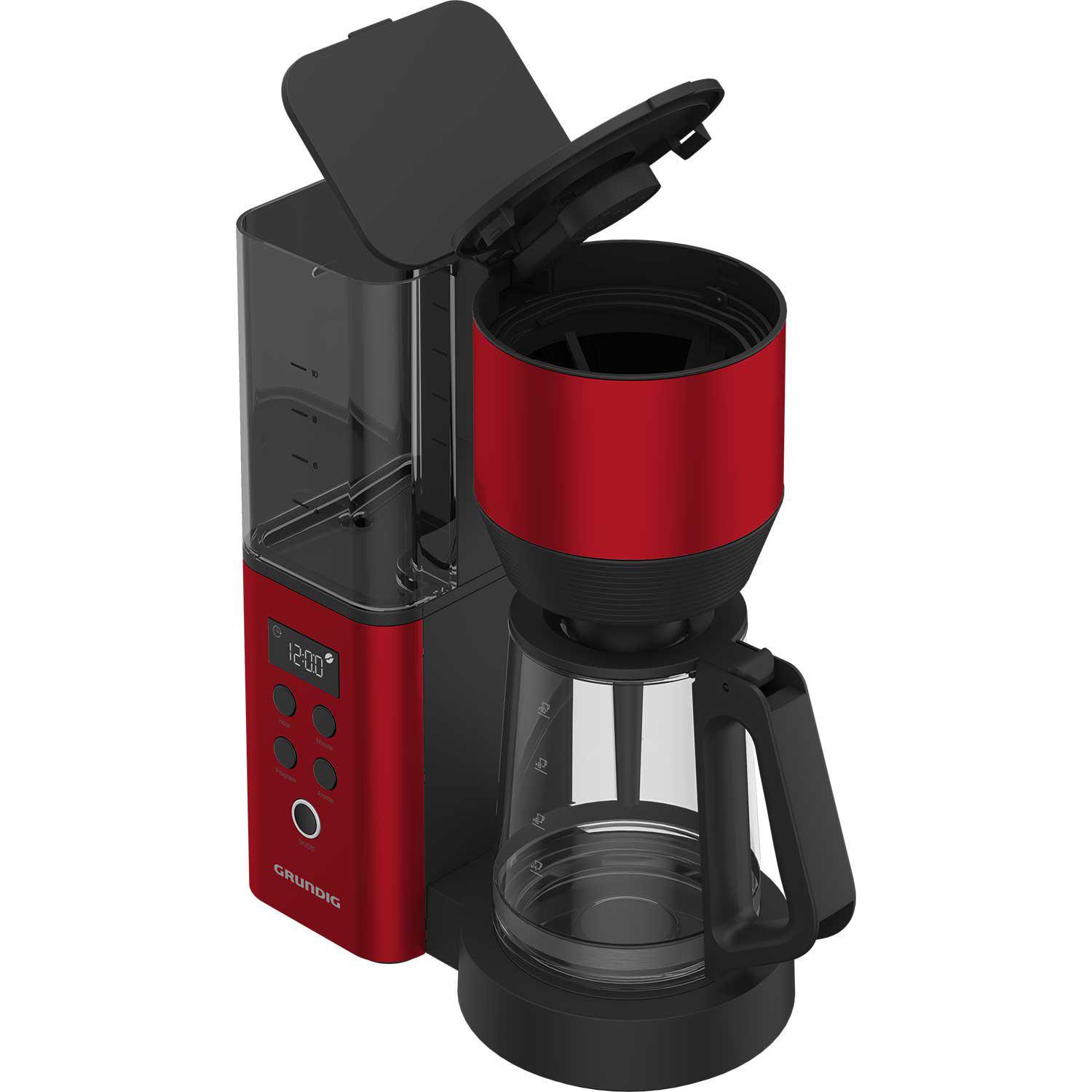 Eine rot-schwarze Grundig Kaffeemaschine, Draufsicht mit offenem Deckel.