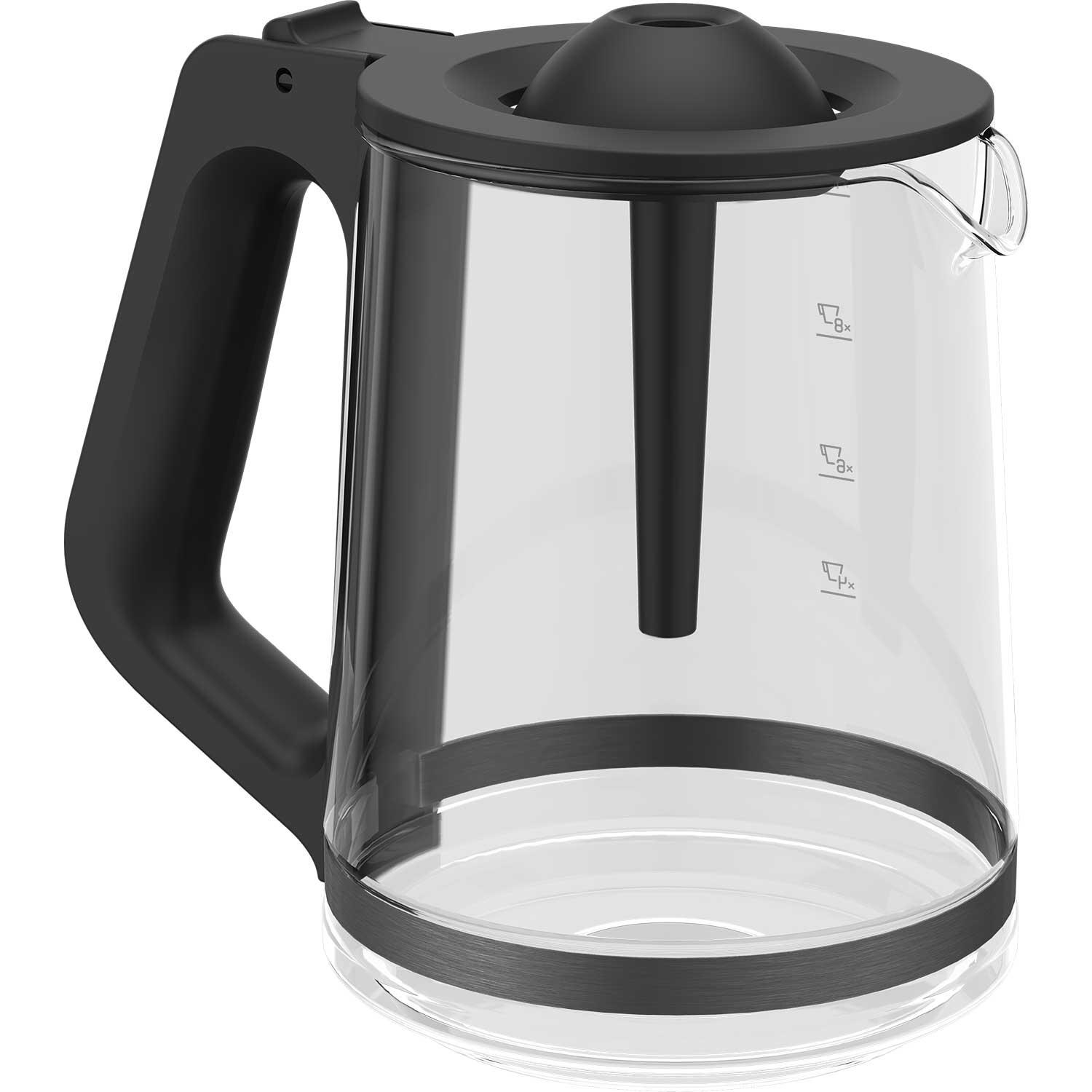 Die Glaskaraffe einer Grundig Kaffeemaschine mit schwarzem Griff.