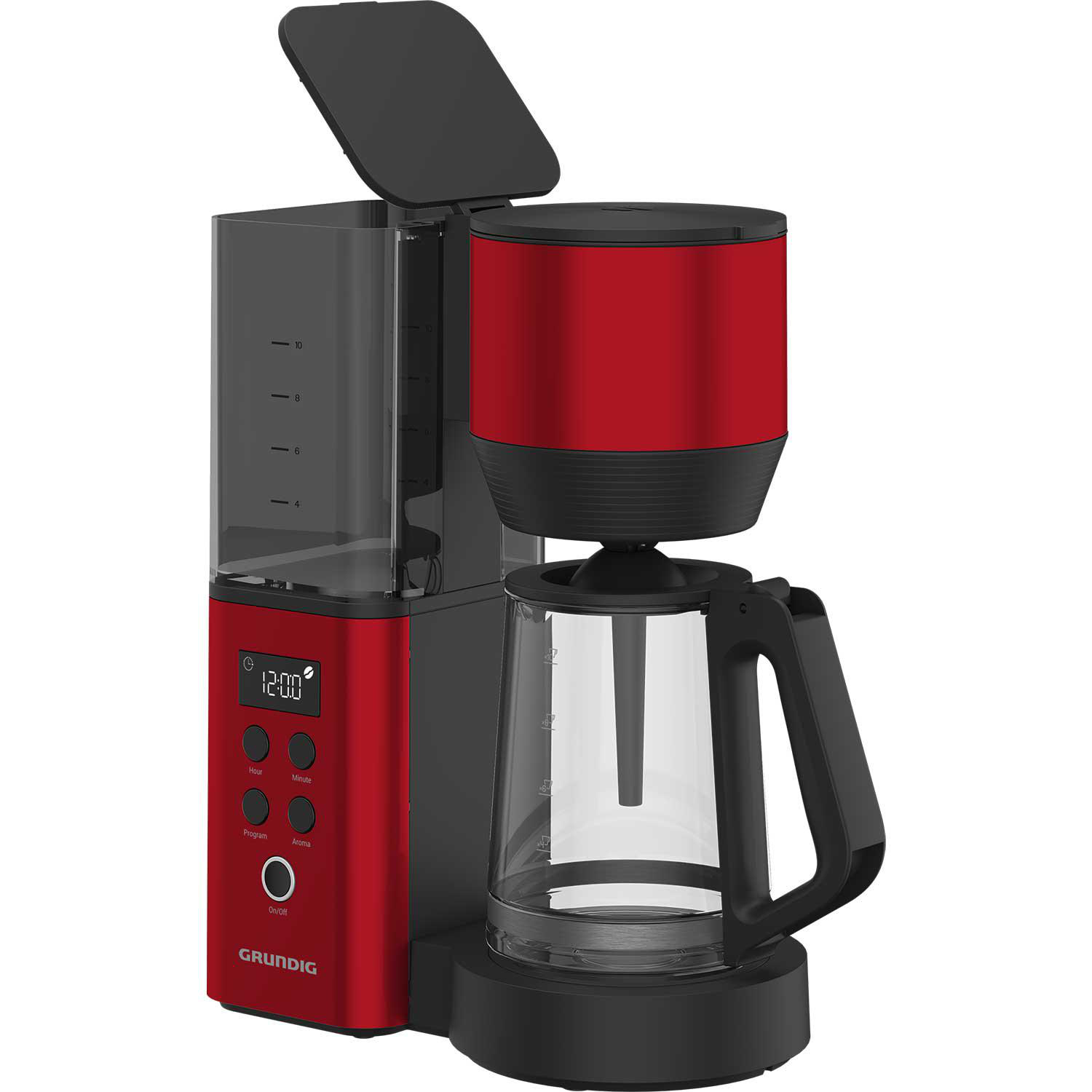 Eine rot-schwarze Grundig Kaffeemaschine, mit geöffnetem Deckel.