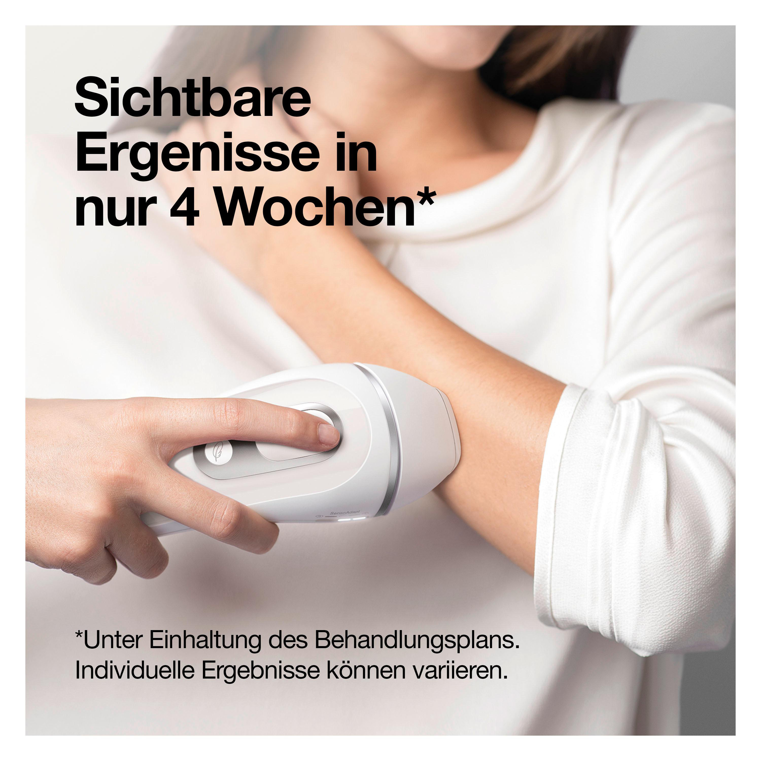 Frau benutzt ein weißes Haarentfernungsgerät an ihrem Arm. Text: Sichtbare Ergebnisse in nur 4 Wochen.