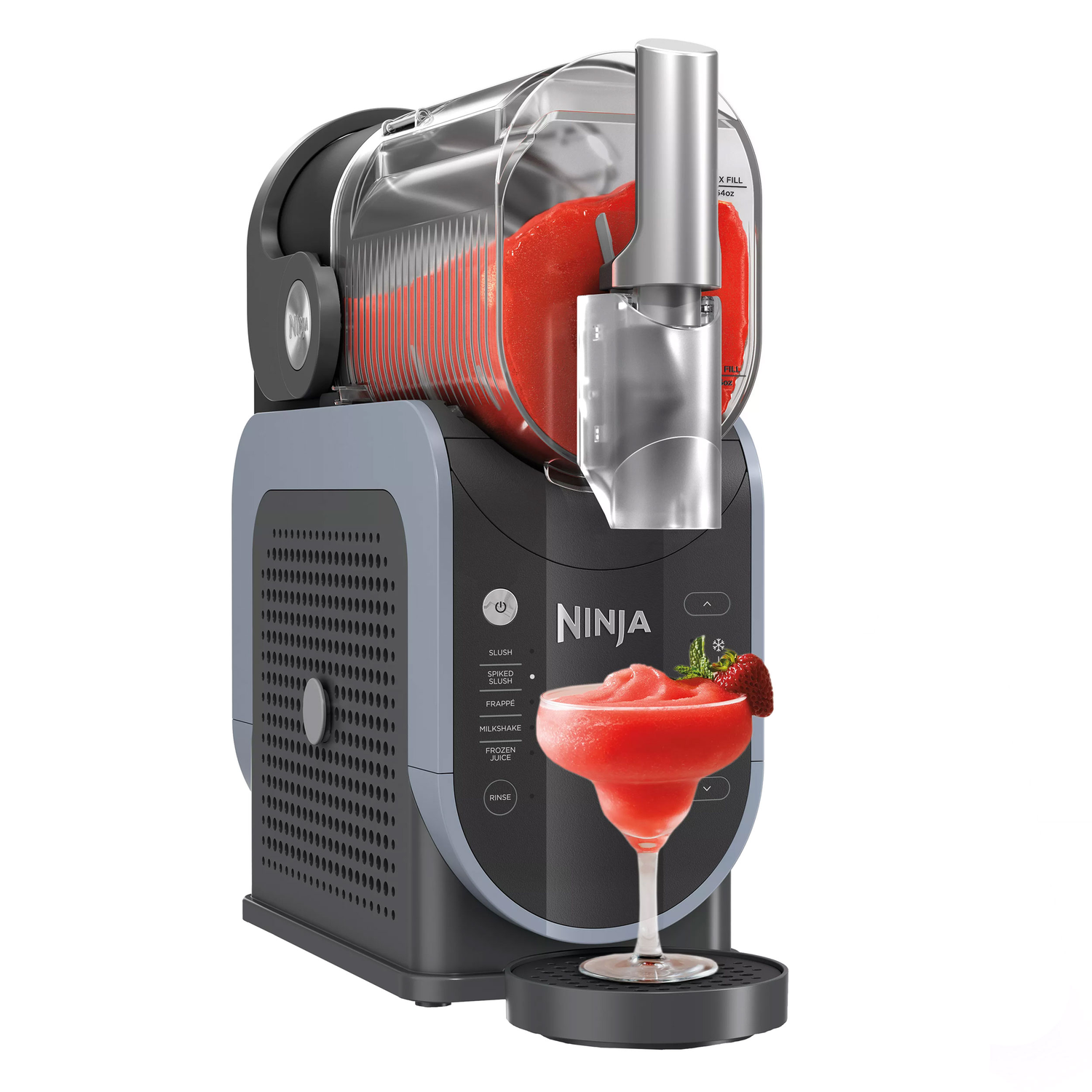 Ninja machine making a red slush, with a glass and strawberry.