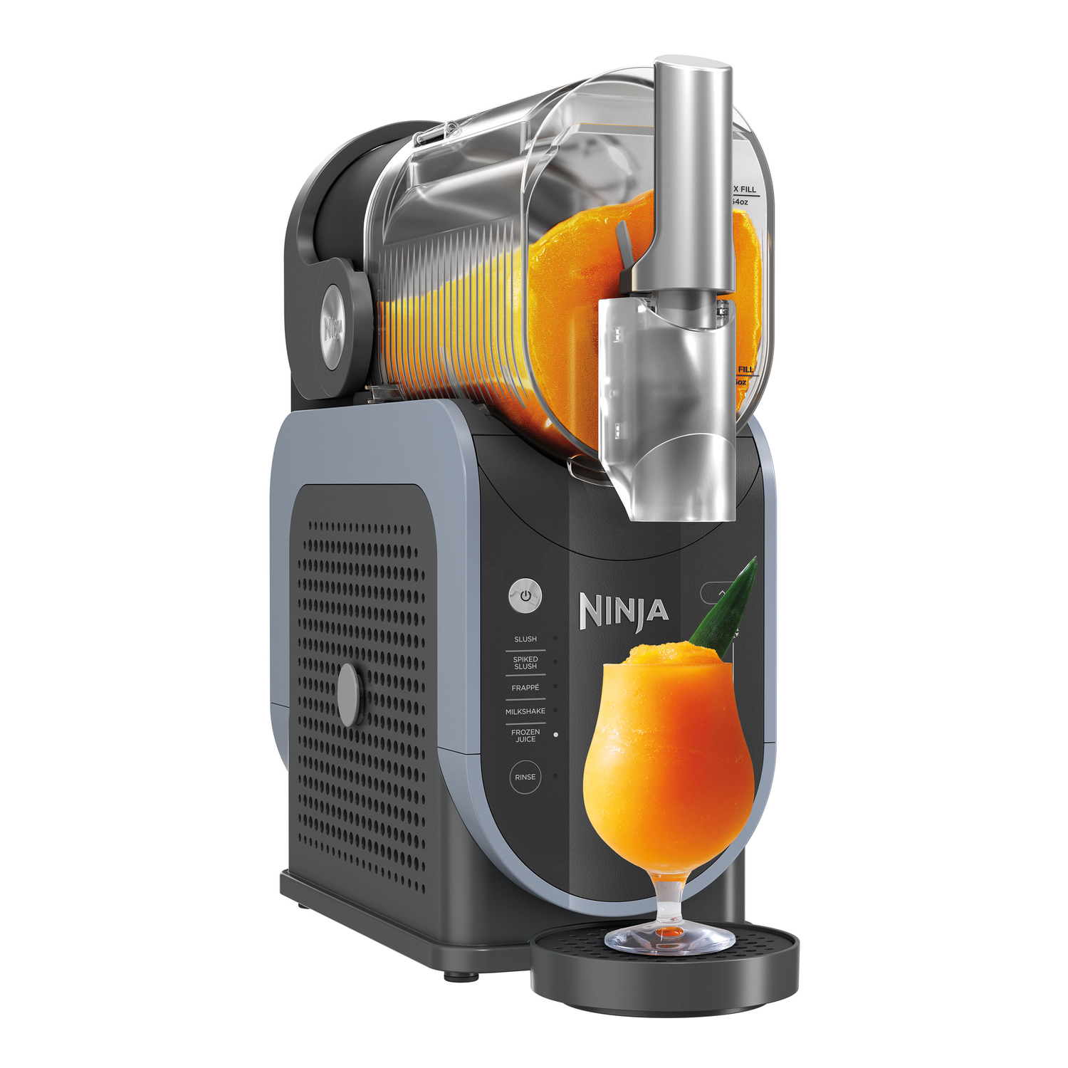 Ninja machine making an orange slush, with a glass and orange garnish.