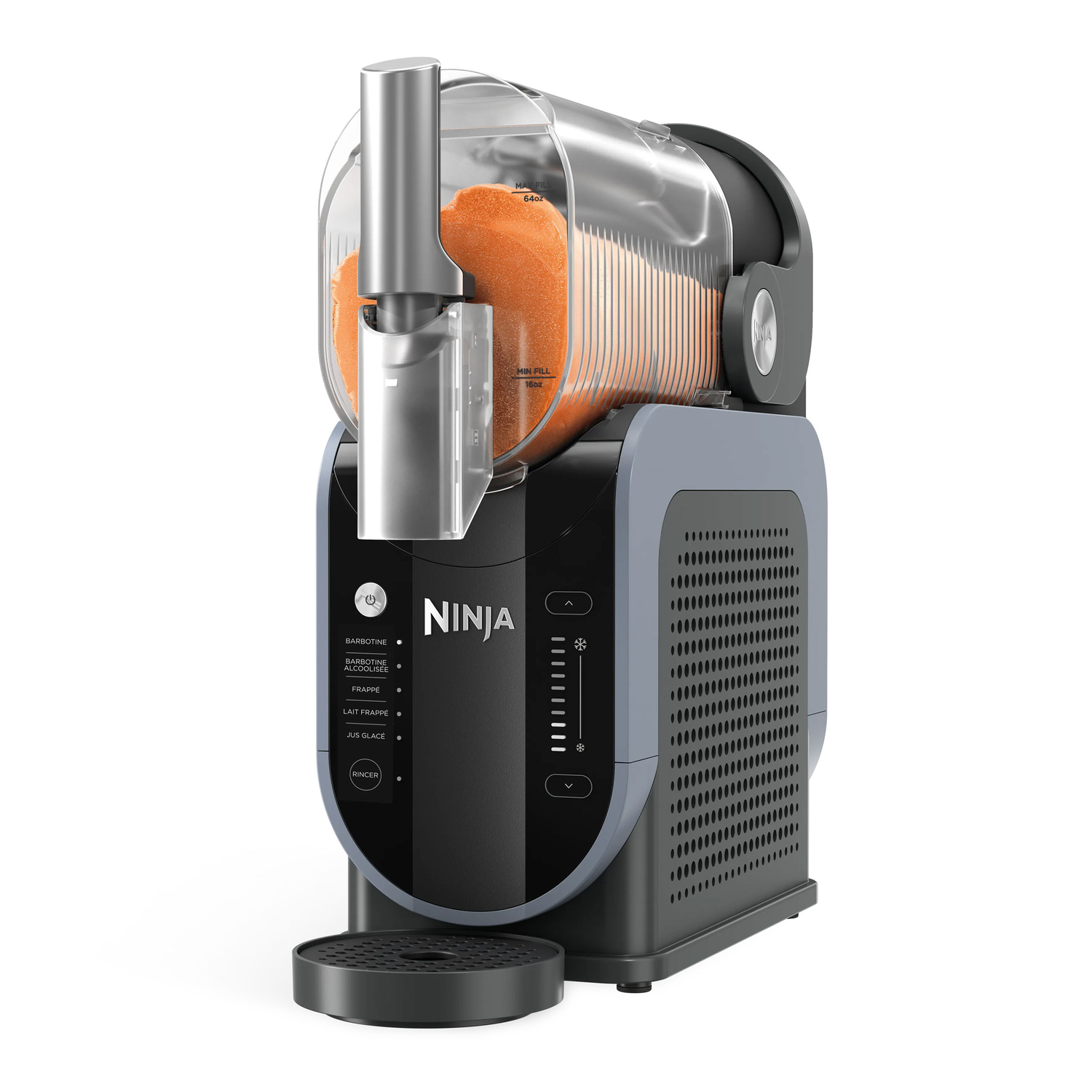 Ninja machine making orange frozen juice.