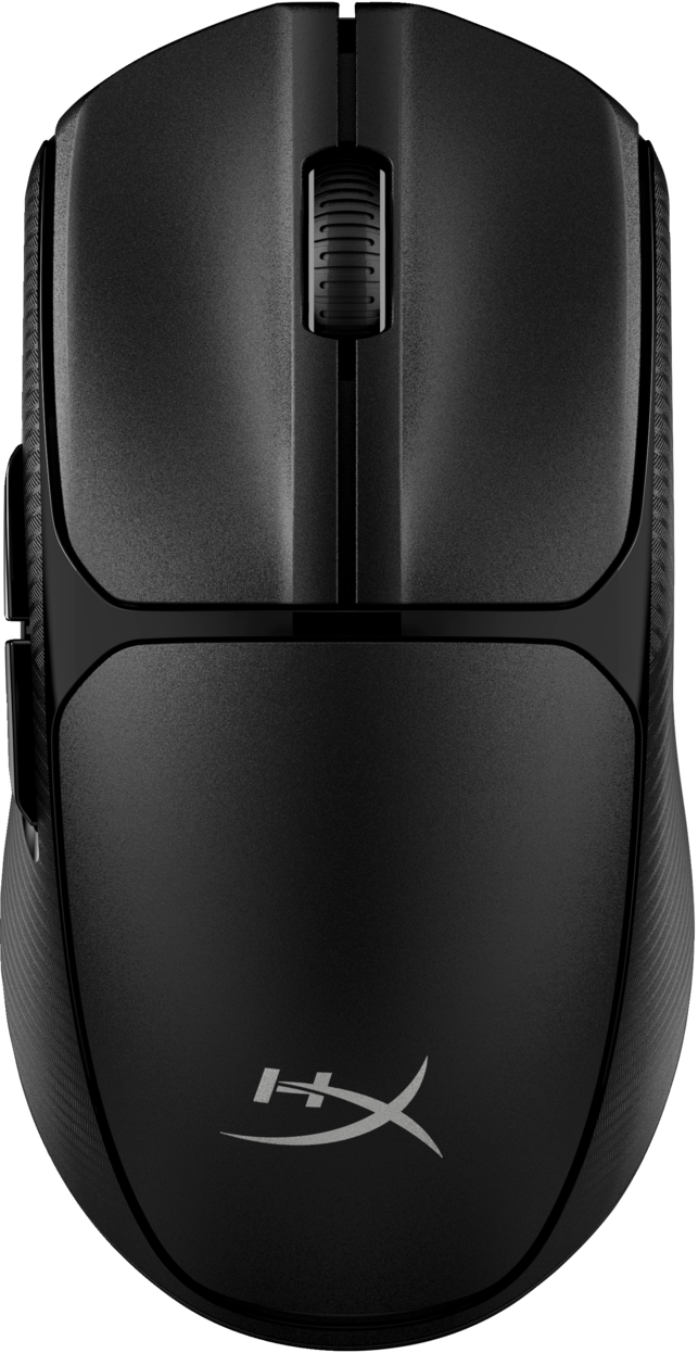 Fekete számítógépes egér, HyperX logóval. Gombokkal, görgetőkerékkel és texturált felülettel rendelkezik.