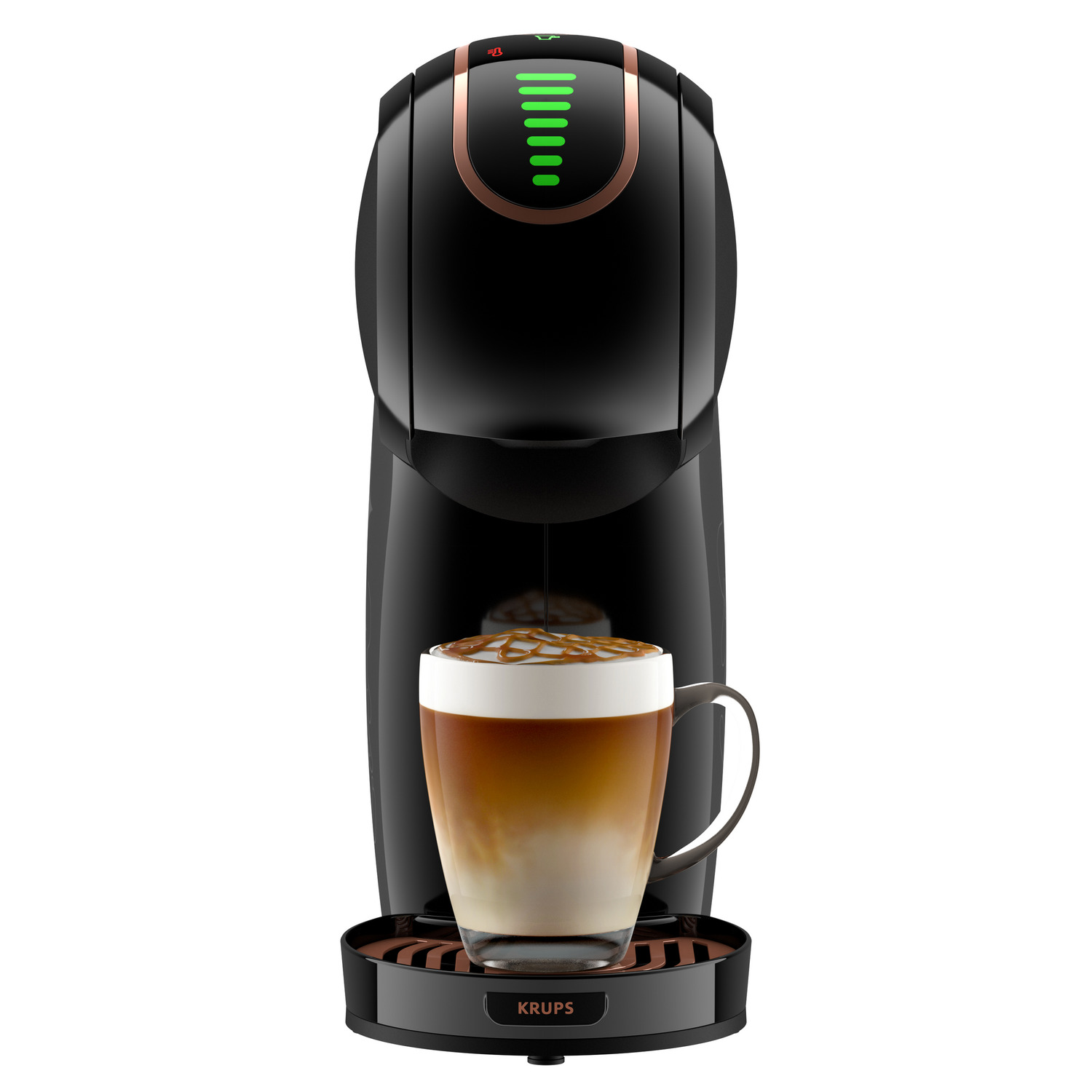 Black Krups coffee machine with a glass of layered coffee. Green lights indicate readiness. A caramel drizzle tops the drink.