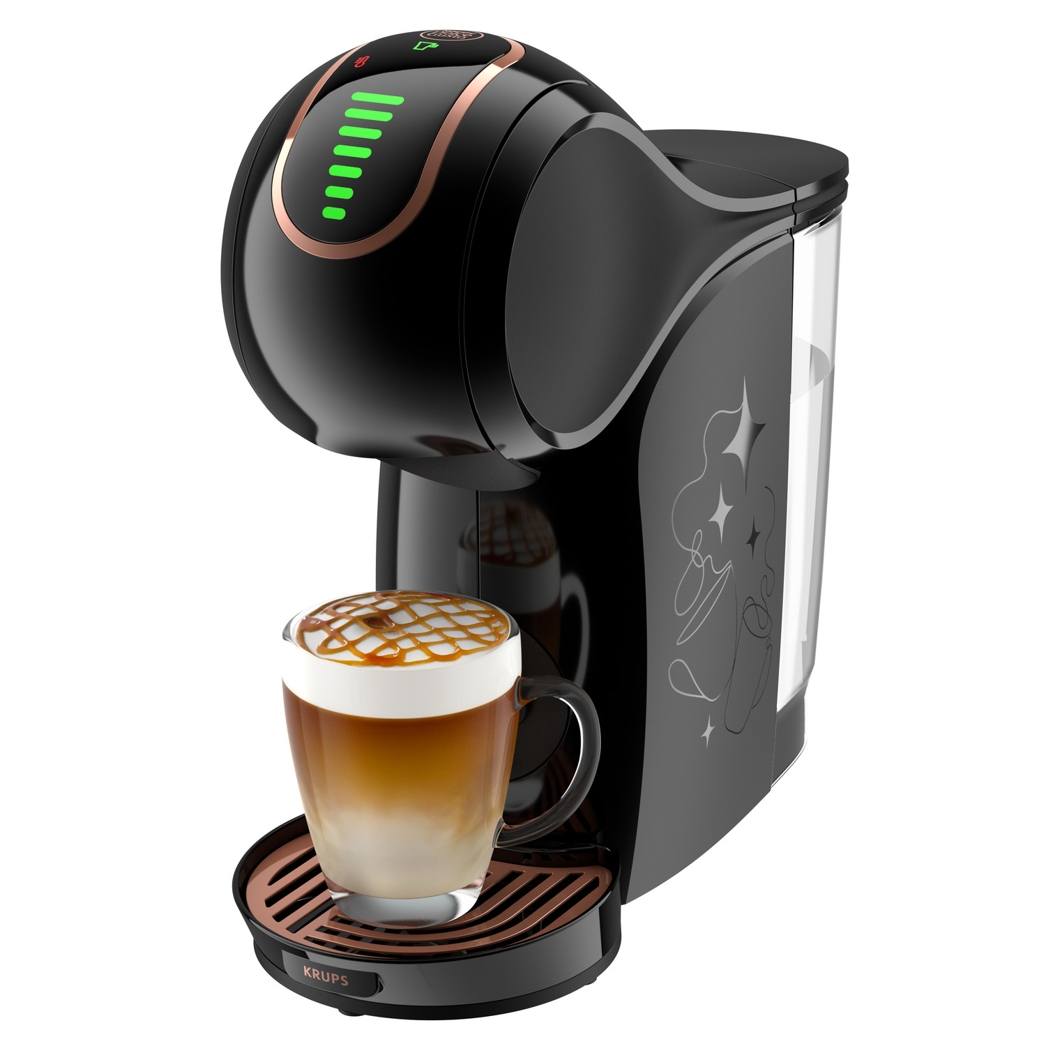 A black coffee machine with a glass of latte macchiato. The drink has caramel topping. The machine has a copper-colored accent.