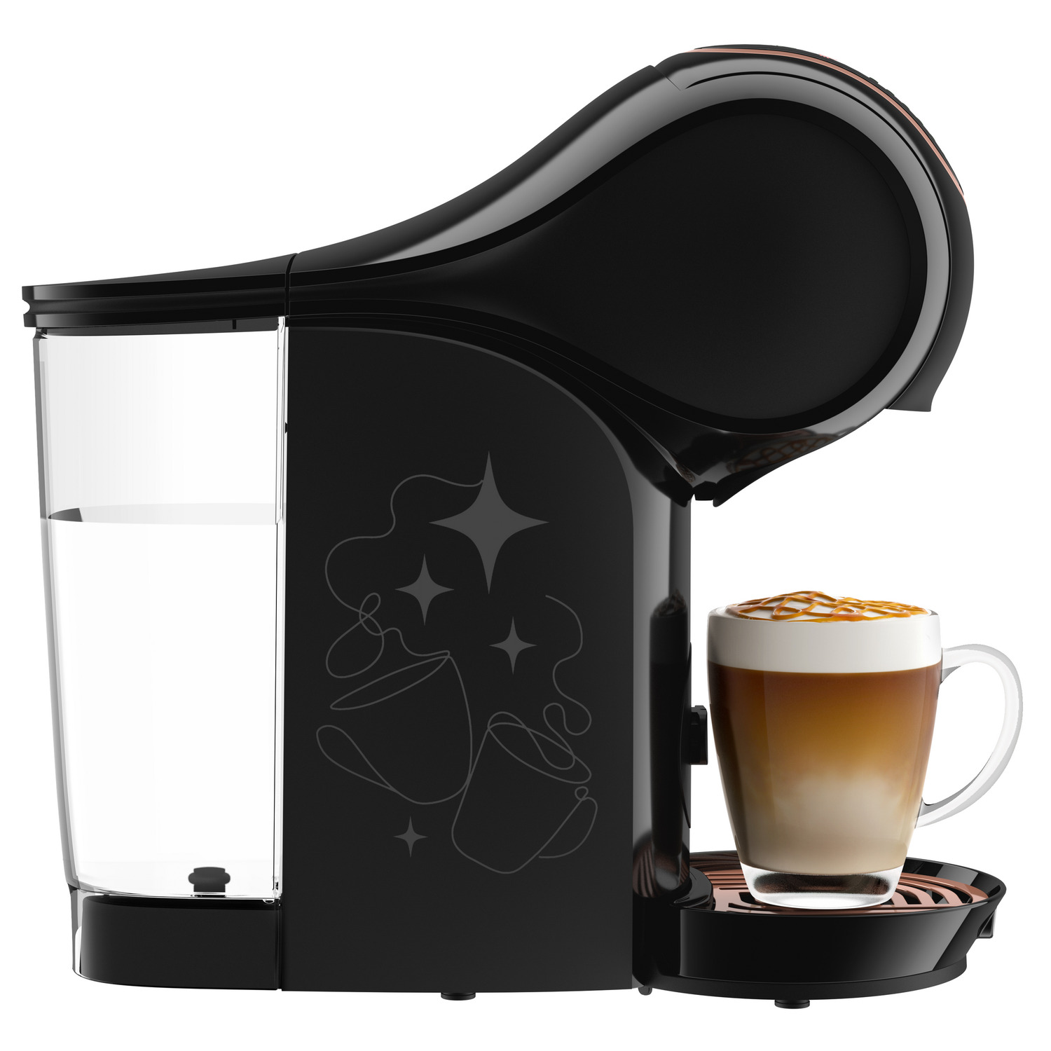 Black coffee machine with a clear water tank on the left and a glass of latte on the right, on a white background.