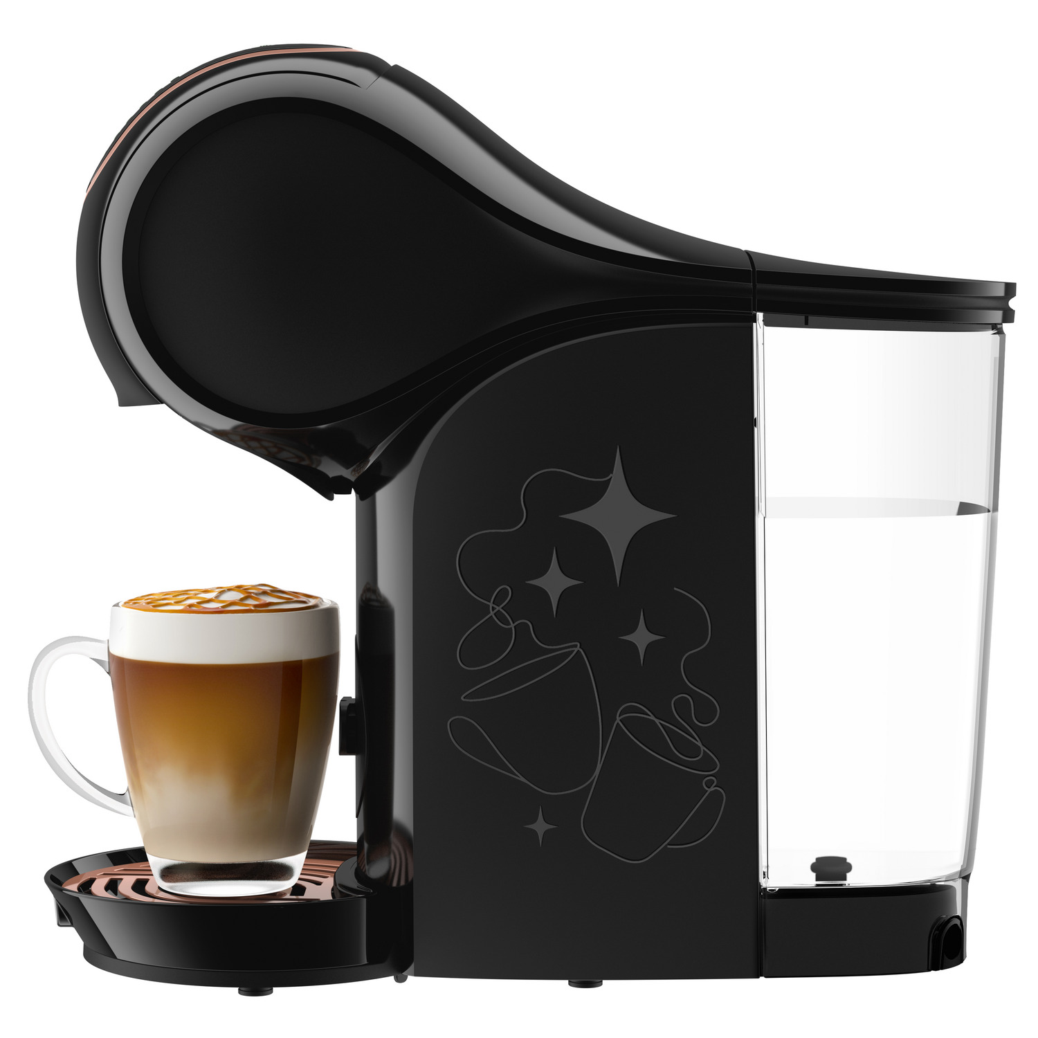 A black coffee machine with a cup of latte. The machine has a water tank and a decorative star pattern.