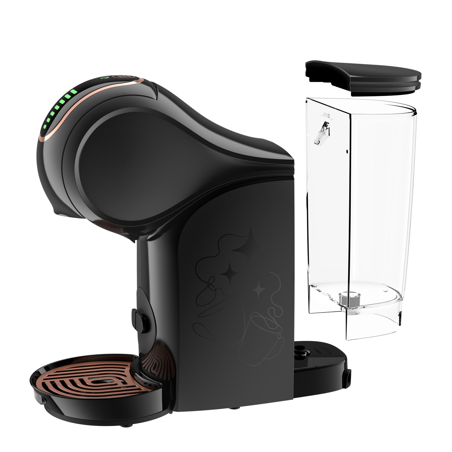 Black coffee machine with detached water tank. Features include green lights and a copper-colored tray.