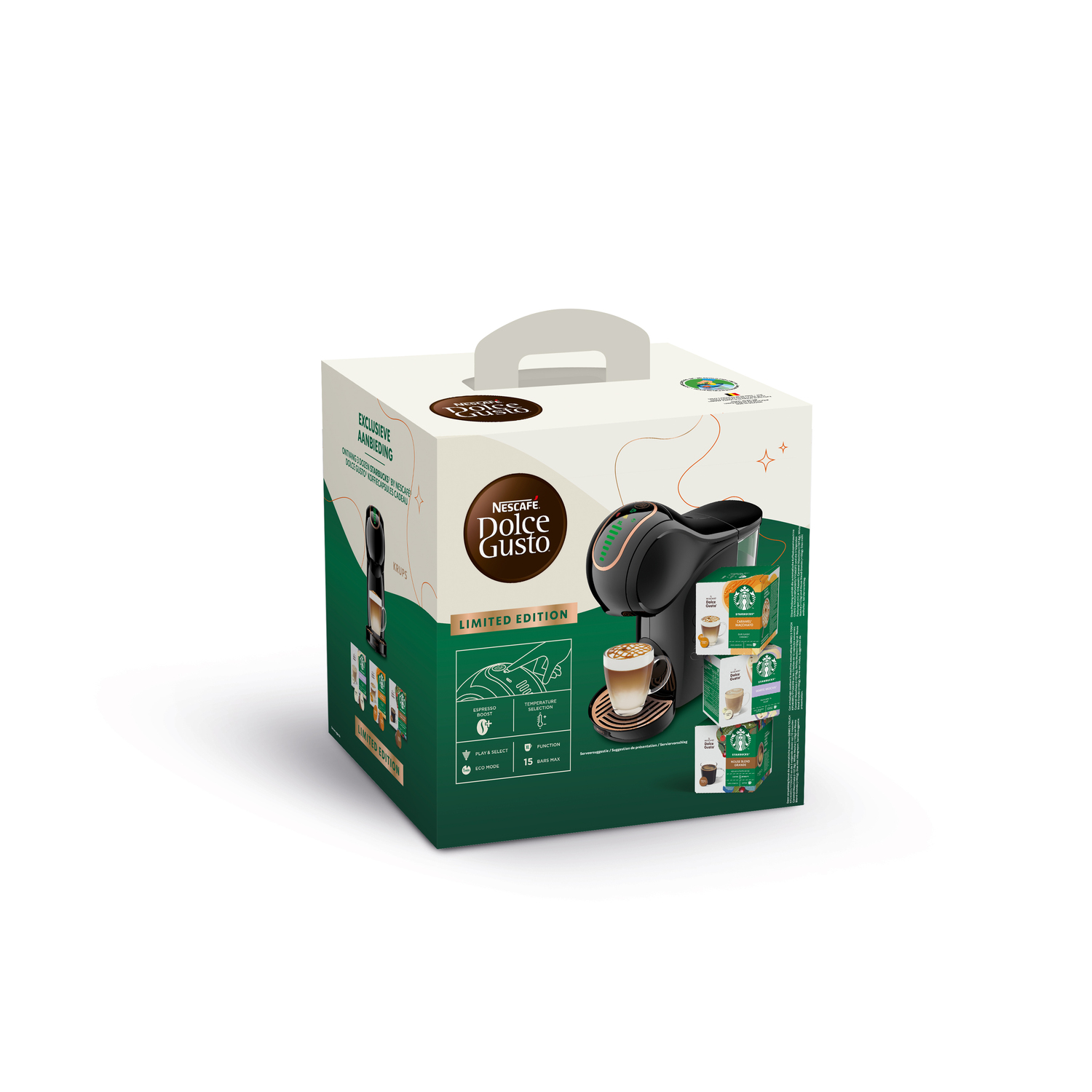 A black Dolce Gusto coffee machine in a box, with Starbucks capsules. Limited edition. The box has a handle and marketing text.