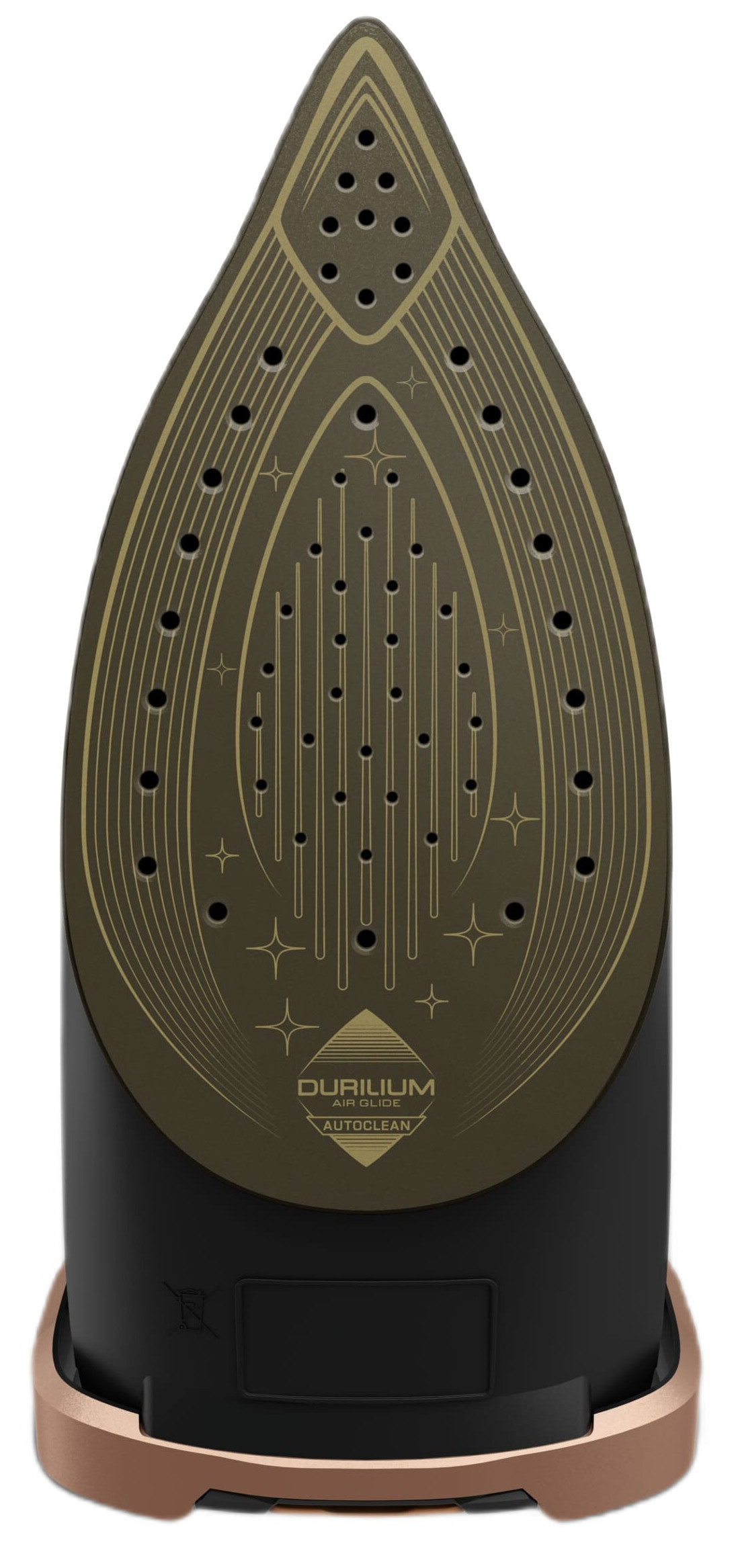 Stopa żelazka, brązowa i czarna, z otworami wentylacyjnymi i wzorem.