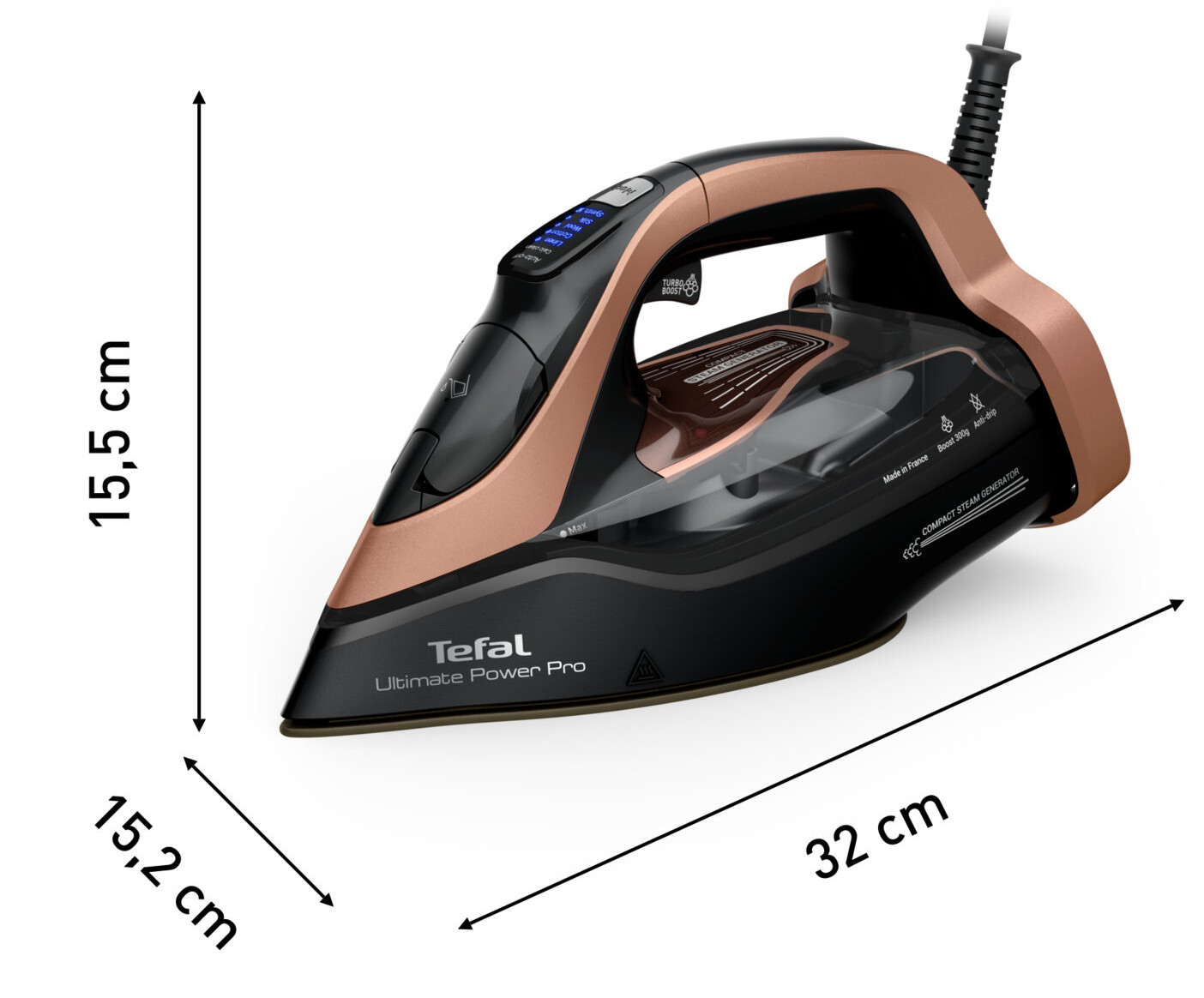 Żelazko o wymiarach: 32 cm długości, 15,5 cm wysokości i 15,2 cm szerokości.