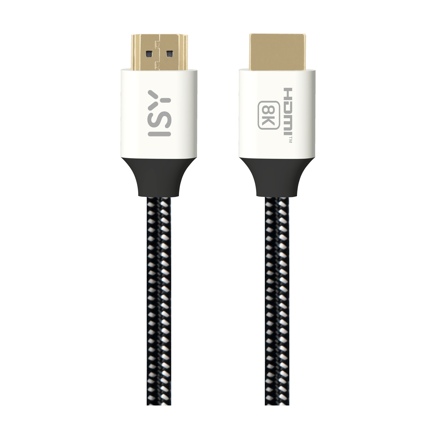 Due cavi HDMI, bianchi e neri, con connettori color oro. Le etichette ISY e 8K sono visibili.