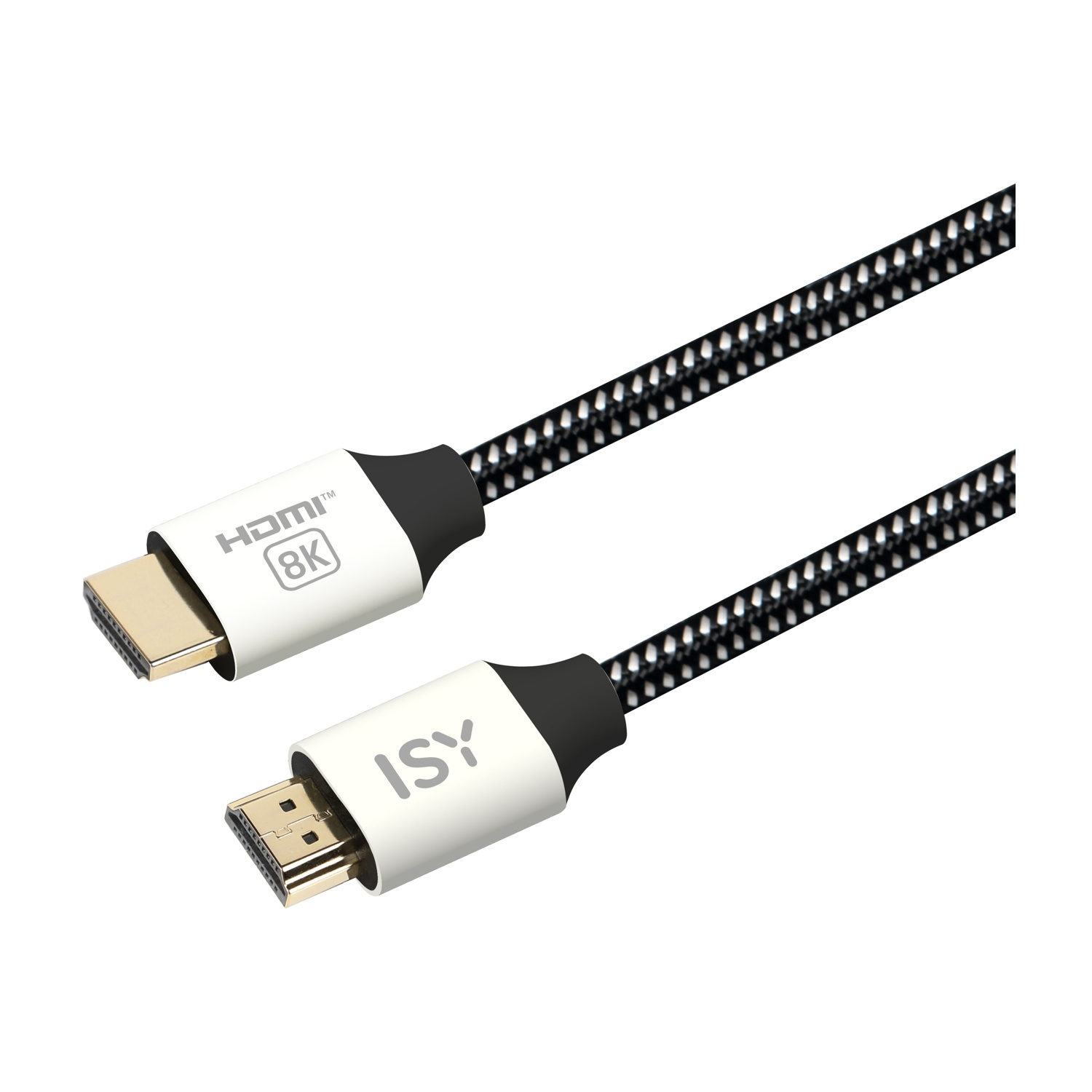 Un cavo HDMI con rivestimento bianco e nero, connettore dorato ed etichette ISY e 8K.