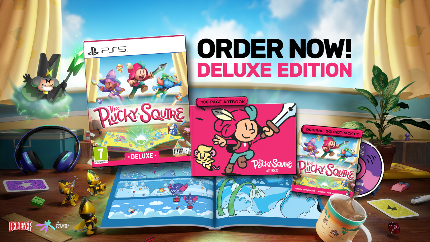 A Plucky Squire Deluxe kiadása, PS5 dobozzal, művészeti könyvvel és soundtrack CD-vel.